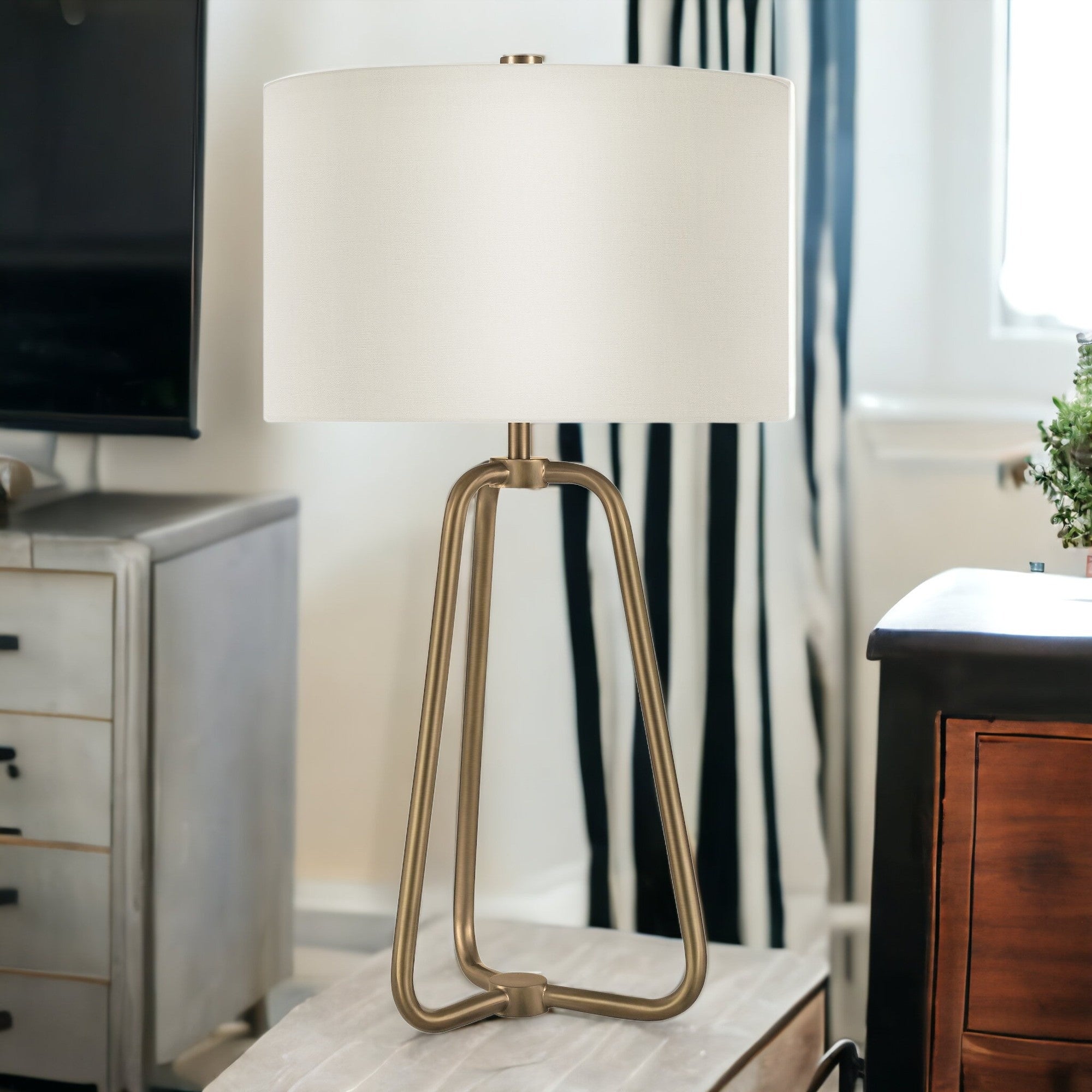 25" Brass Metal Table Lamp With White Drum Shade - Minihomy