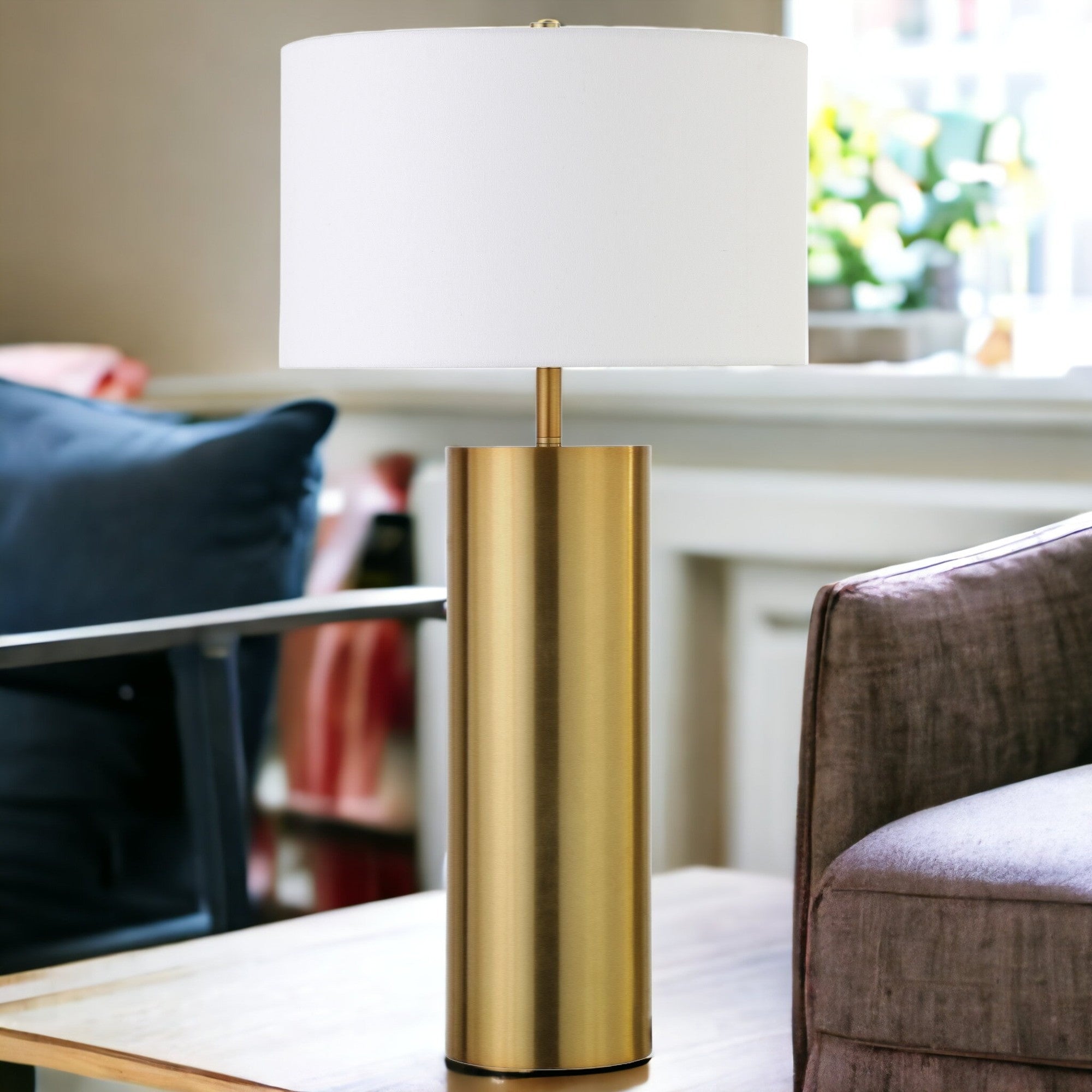 30" Brass Metal Table Lamp With White Drum Shade - Minihomy