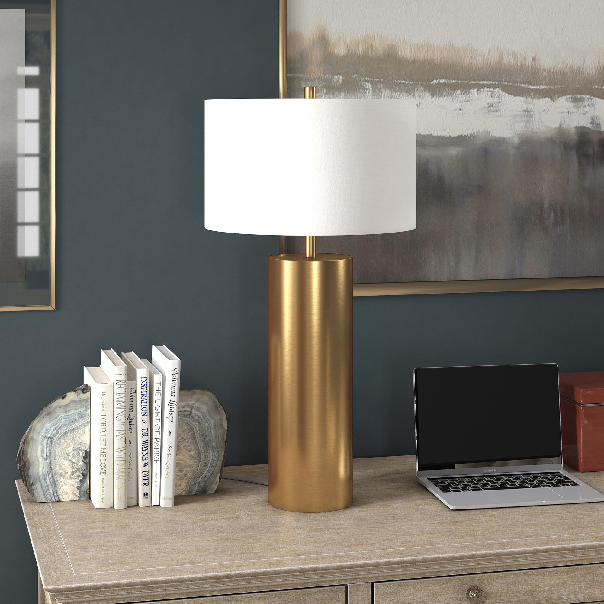 30" Brass Metal Table Lamp With White Drum Shade - Minihomy