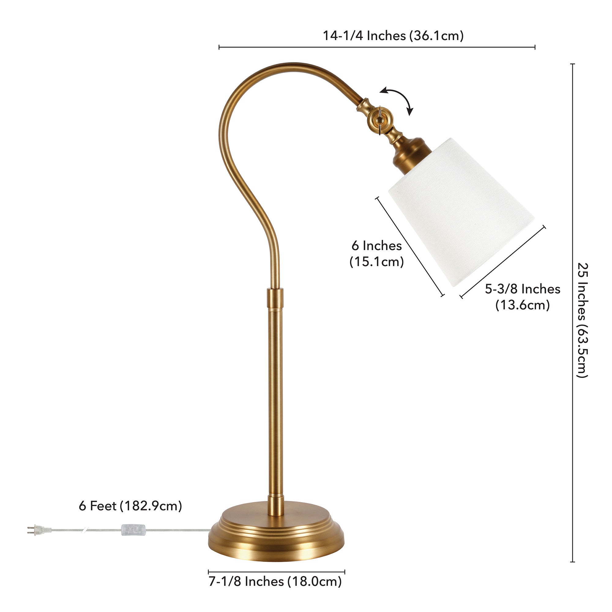 25" Brass Metal Arched Table Lamp With White Drum Shade - Minihomy