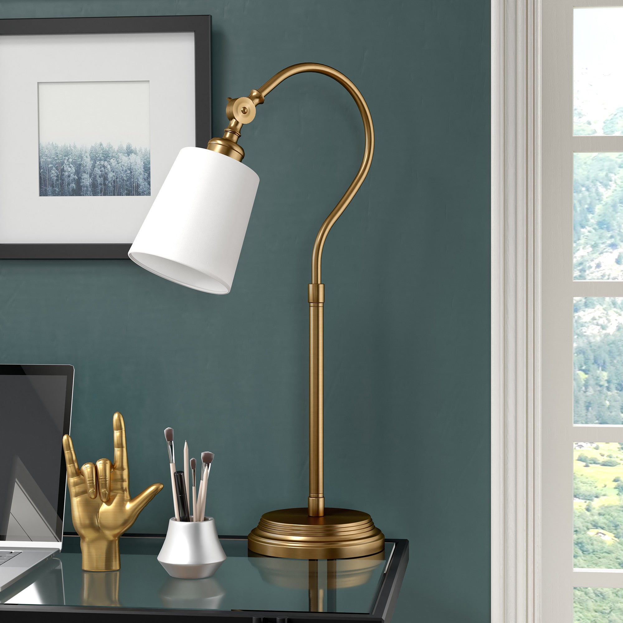 25" Brass Metal Arched Table Lamp With White Drum Shade - Minihomy