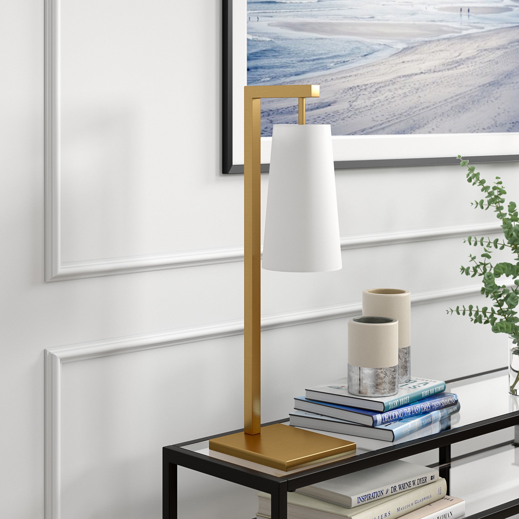 26" Brass Metal Desk Table Lamp With White Cone Shade - Minihomy