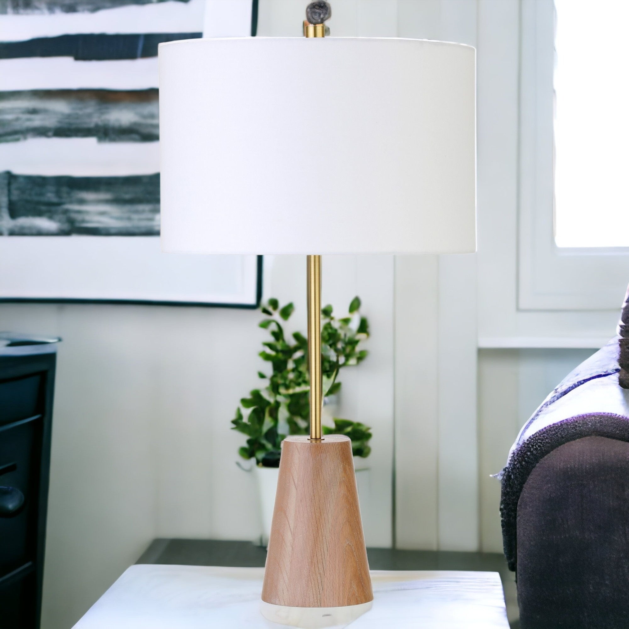 26" Gold and Brown Metal Table Lamp With White Drum Shade - Minihomy