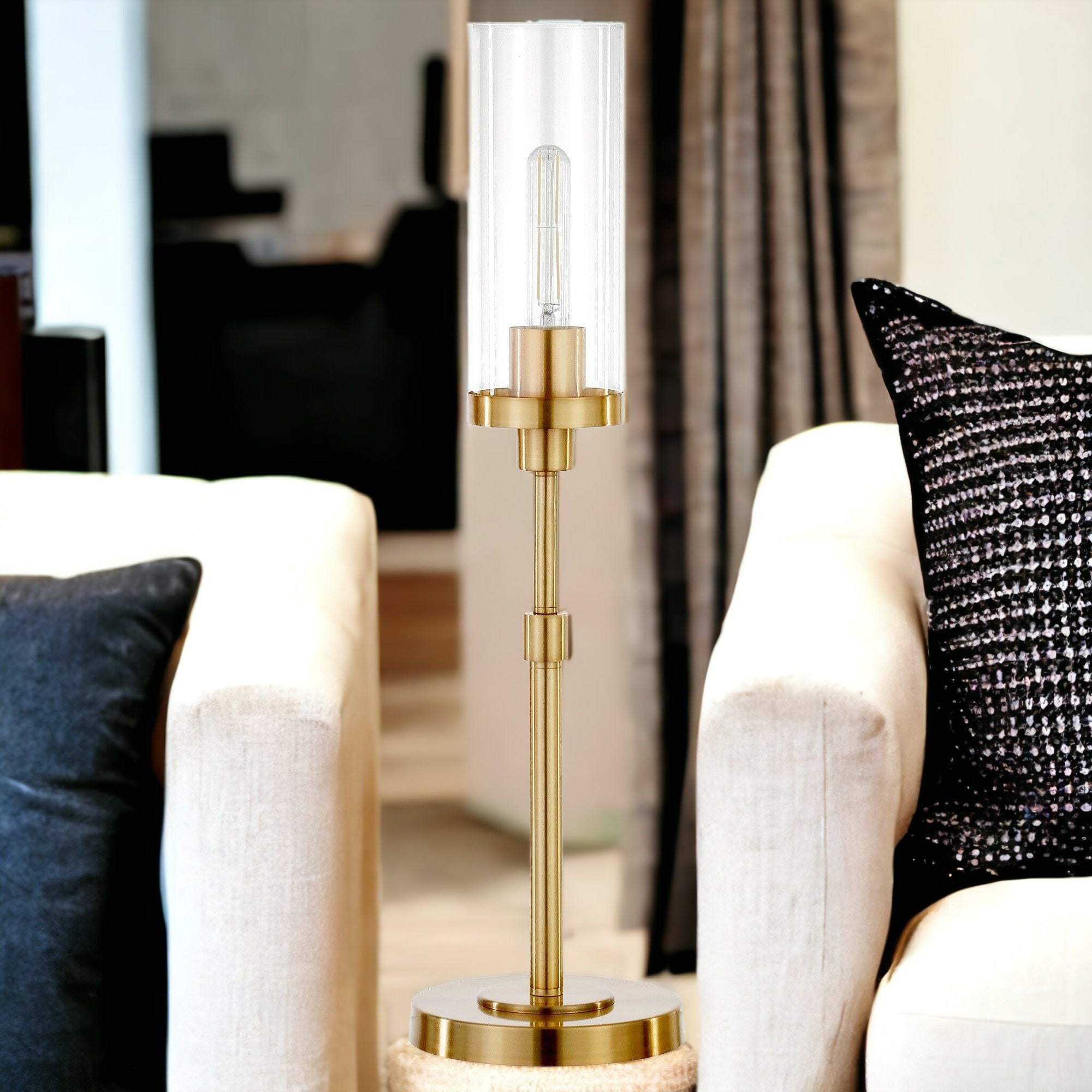 26" Brass Metal Table Lamp With Clear Cylinder Shade - Minihomy