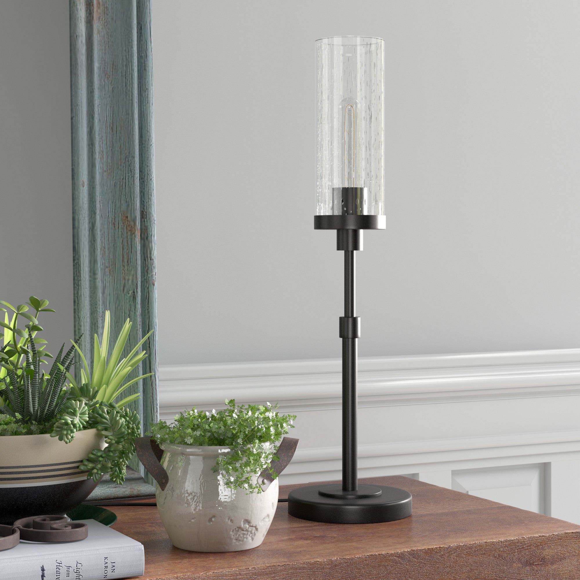 26" Black Metal Table Lamp With Clear Seeded Cylinder Shade - Minihomy