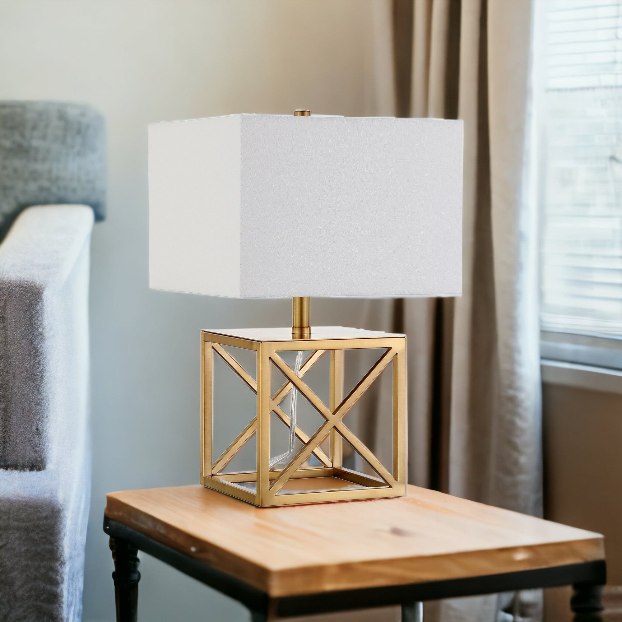 19" Brass Metal Table Lamp With White Square Shade - Minihomy