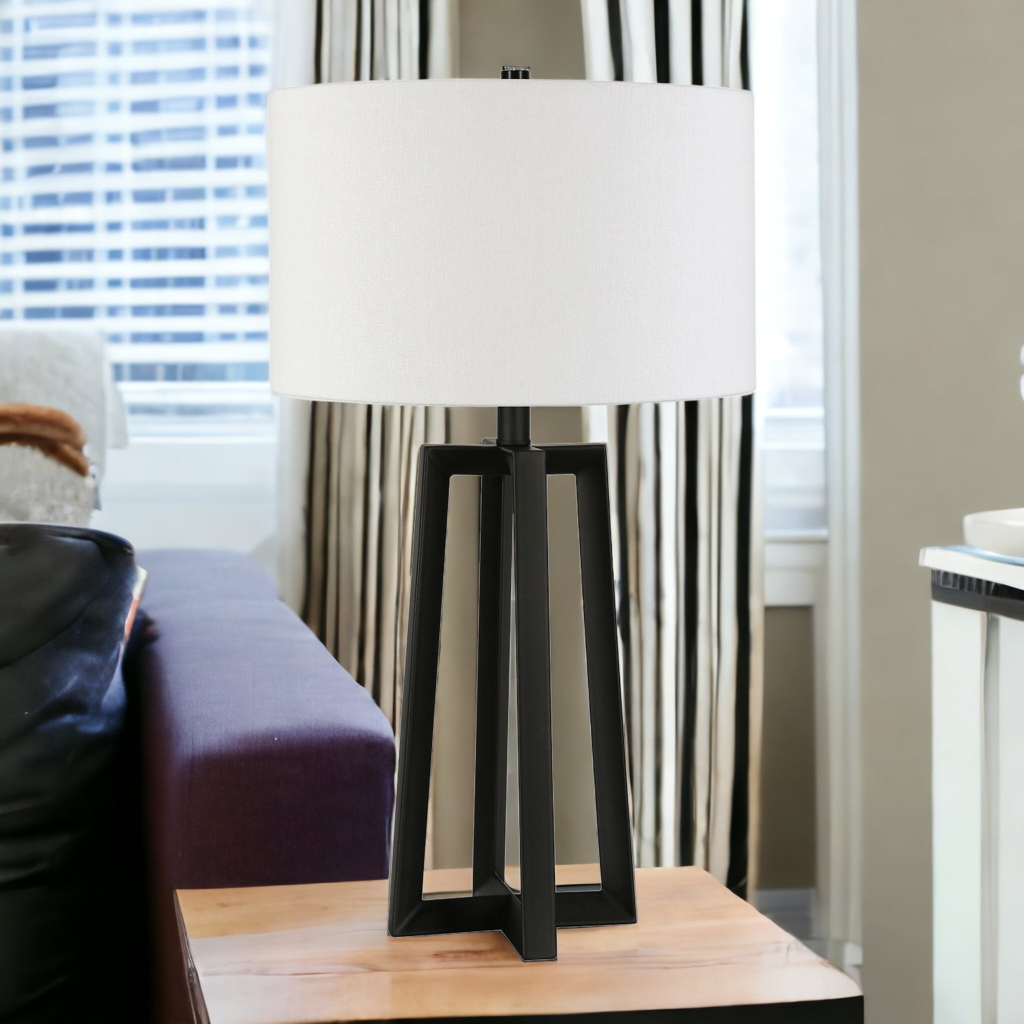 24" Black and White Metal Table Lamp With White Drum Shade - Minihomy