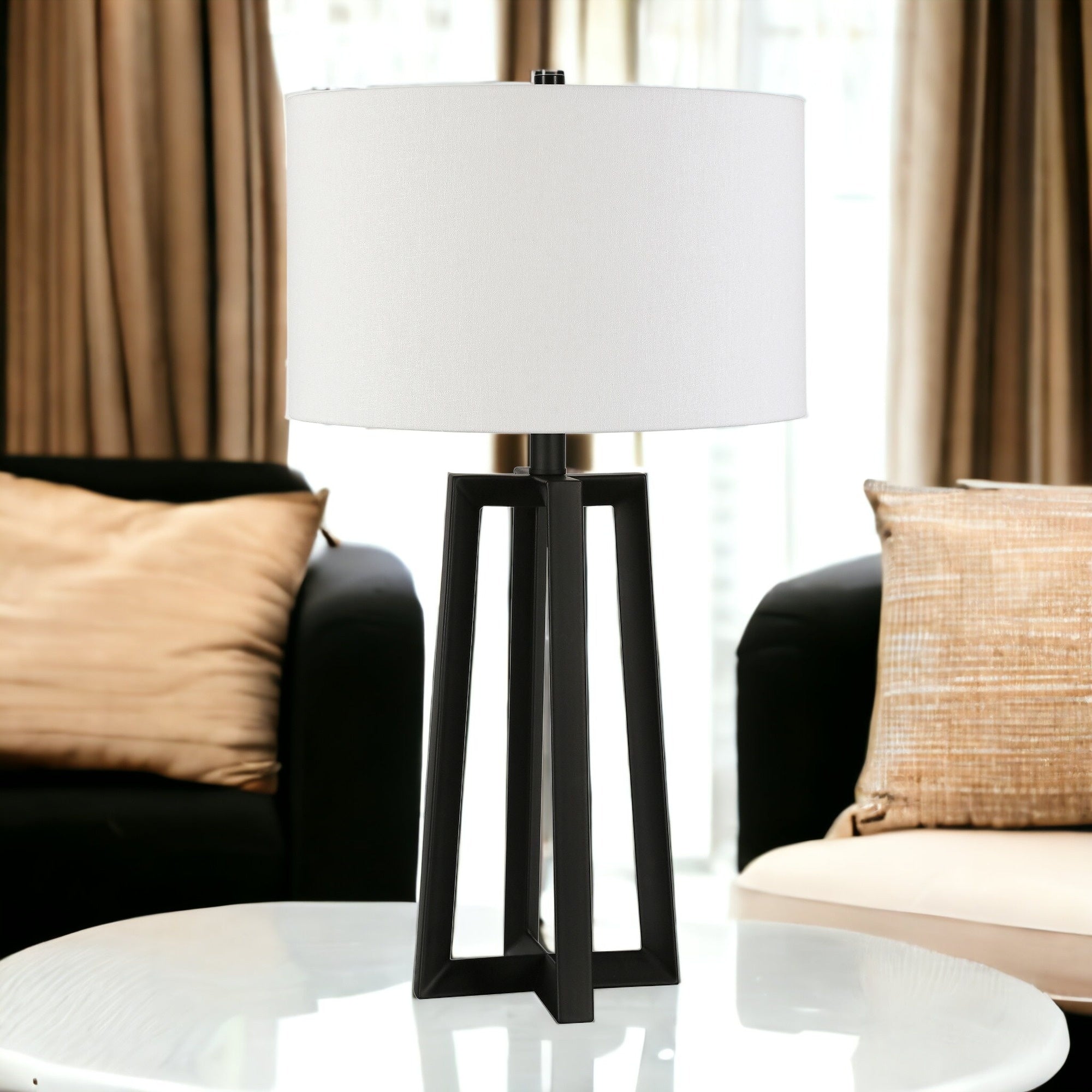 24" Black and White Metal Table Lamp With White Drum Shade - Minihomy