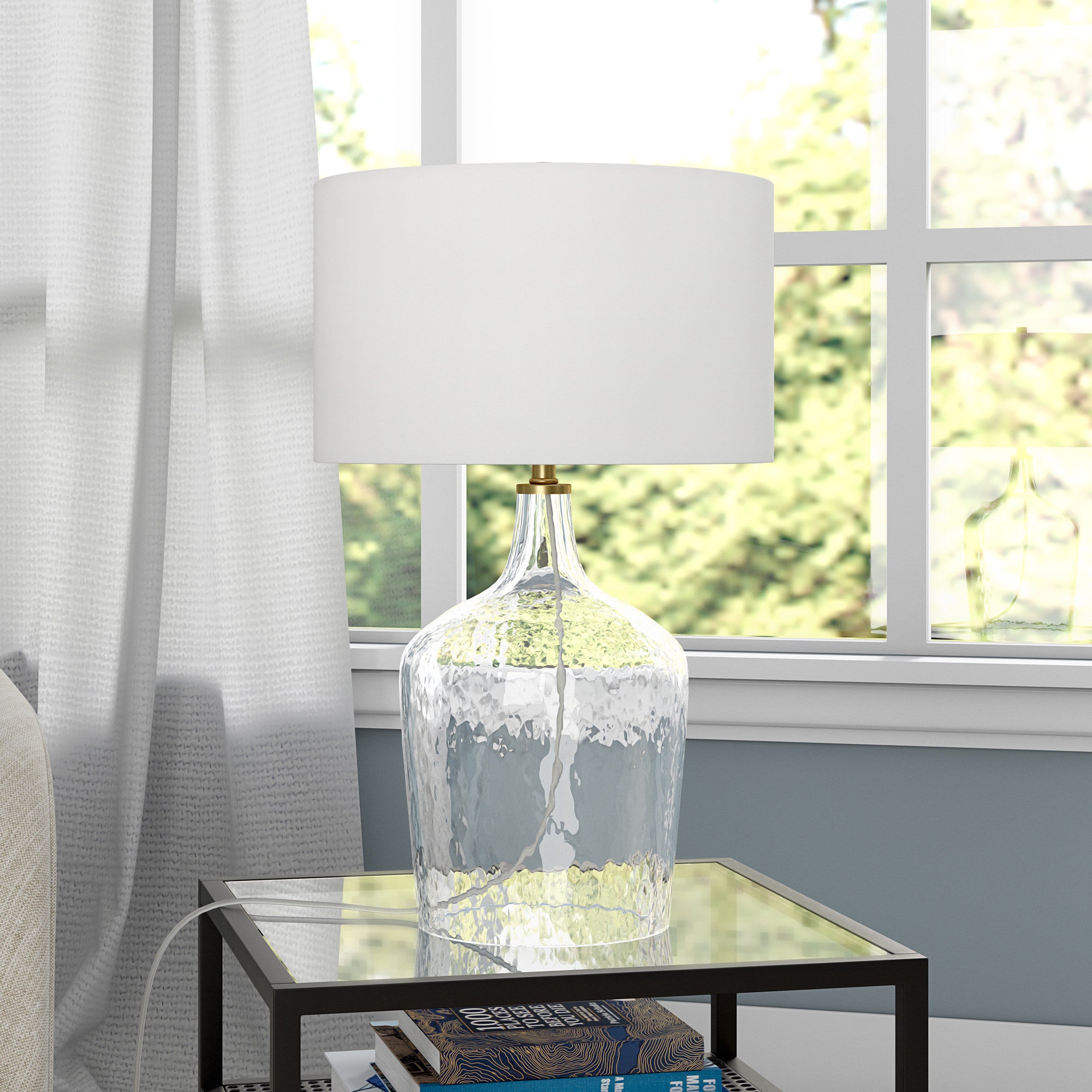 24" Clear Glass Table Lamp With White Drum Shade - Minihomy