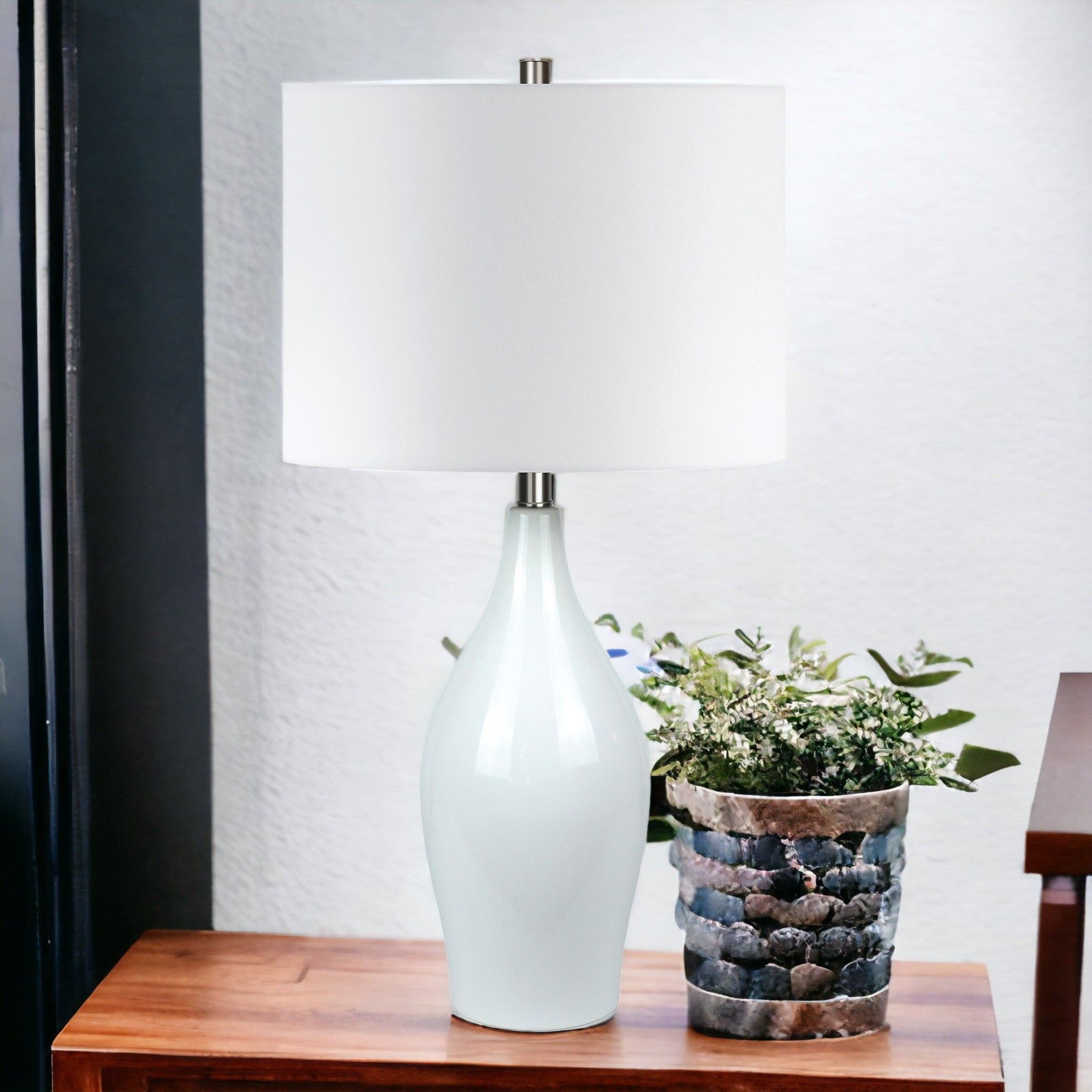 28" White Porcelain Table Lamp With White Drum Shade - Minihomy