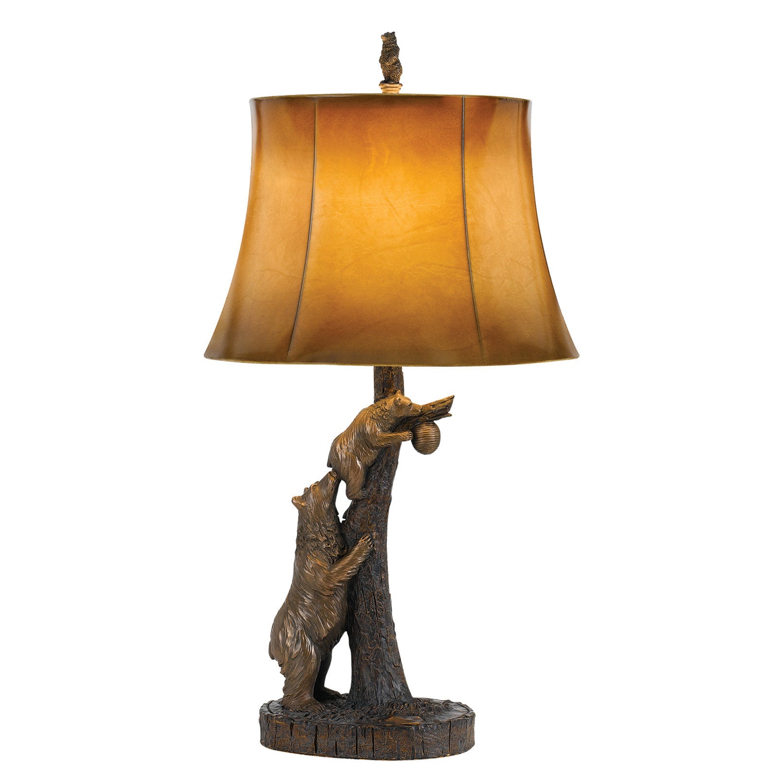 31" Bronze Bears After the Honey Table Lamp With Brown Faux Leather Shade - Minihomy