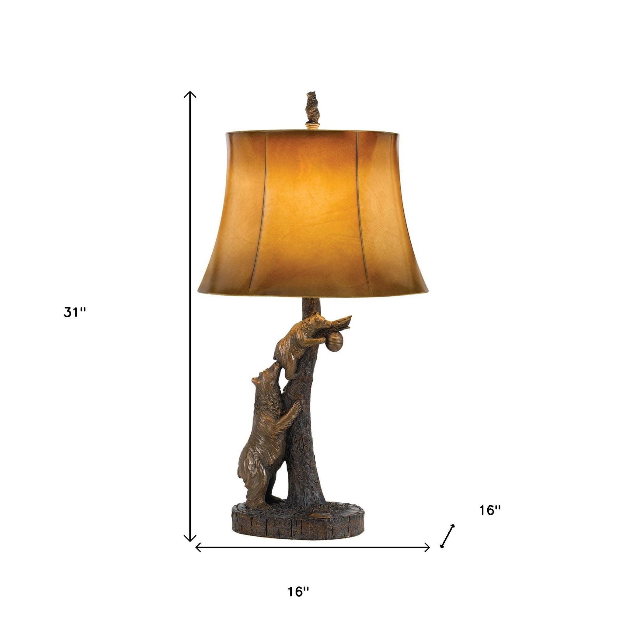 31" Bronze Bears After the Honey Table Lamp With Brown Faux Leather Shade - Minihomy