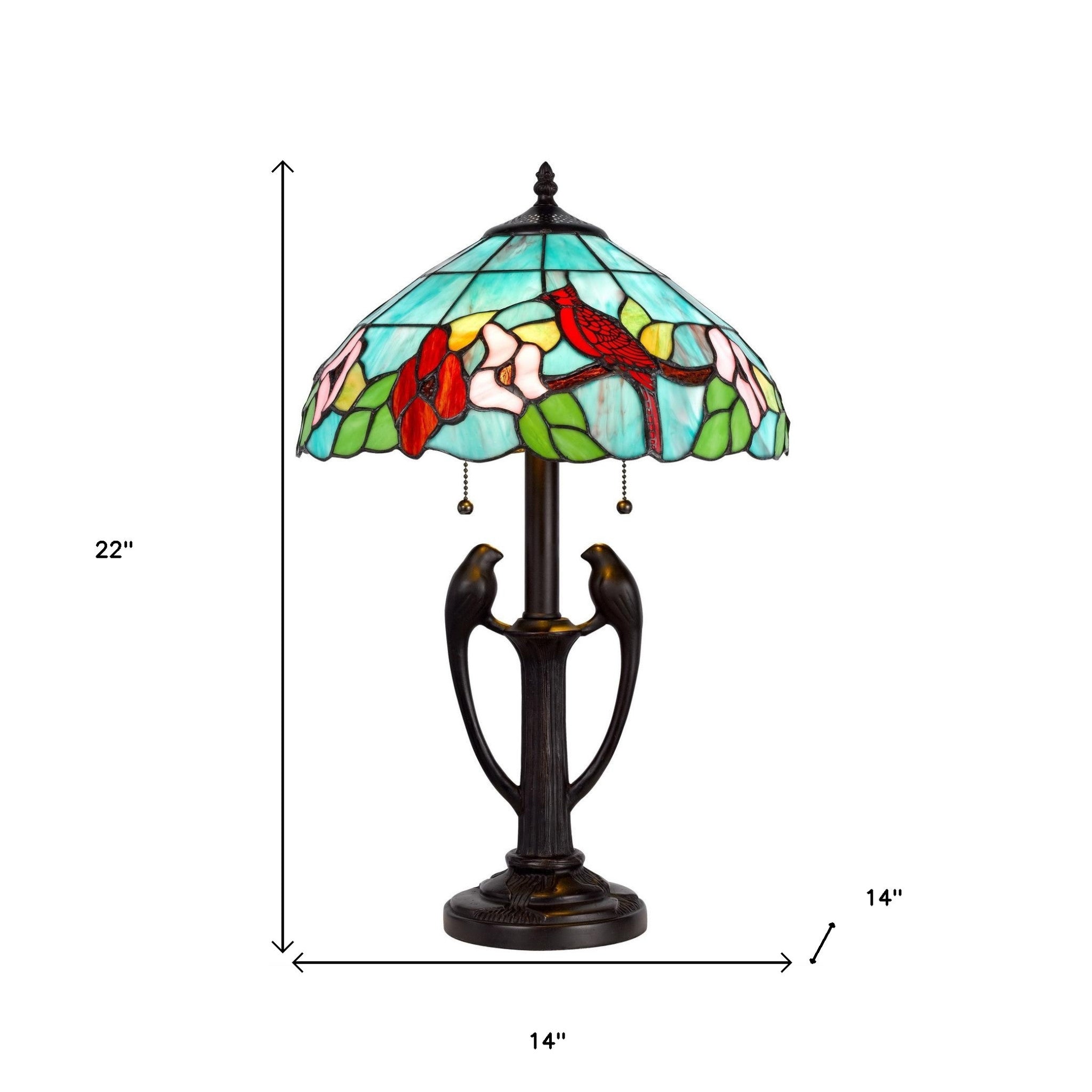 22" Bronze Two Light Tiffany Table Lamp With Aqua and Red Floral Shade - Minihomy