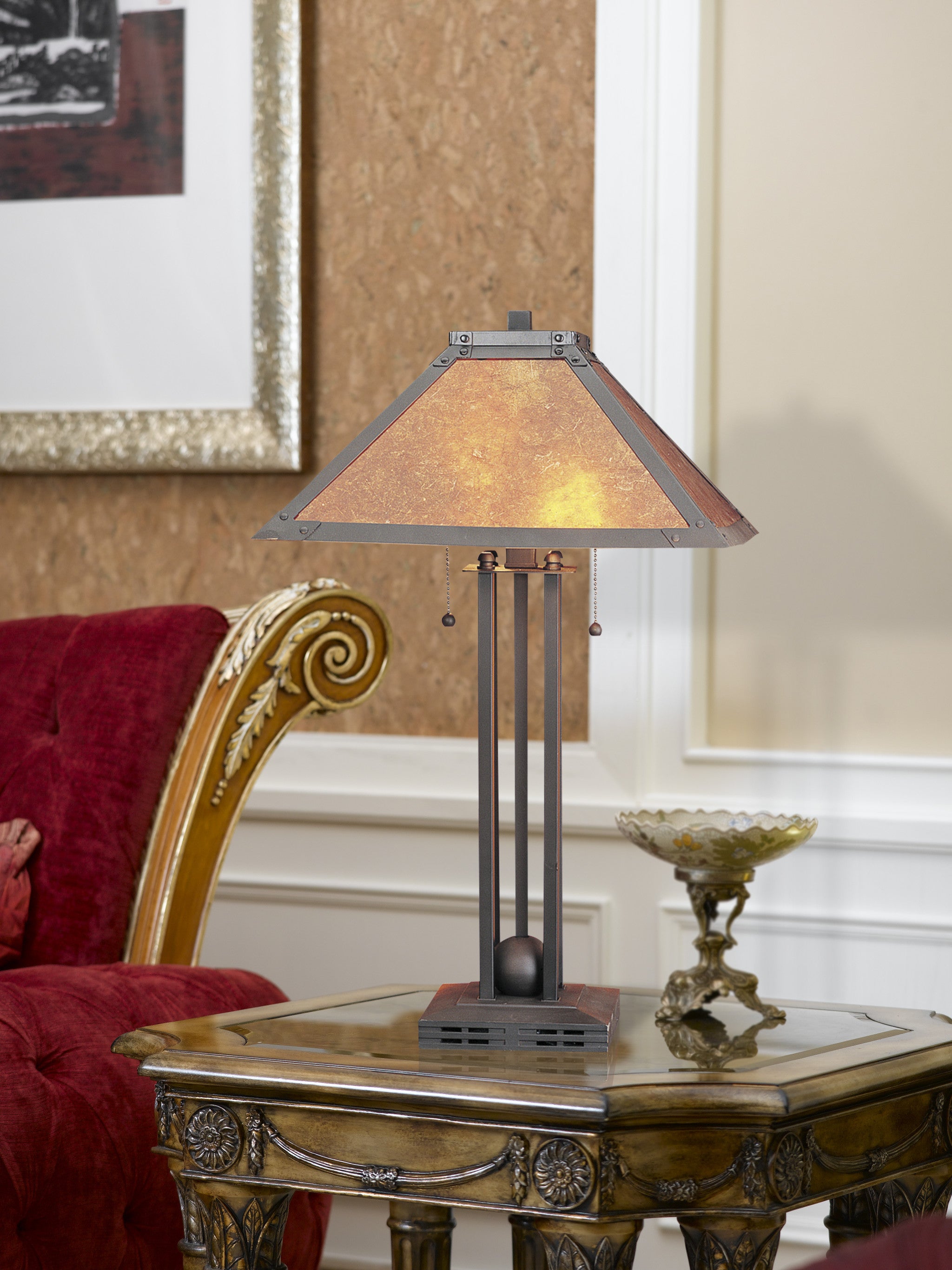 25" Rust Metal Two Light Table Lamp With Amber Square Shade - Minihomy