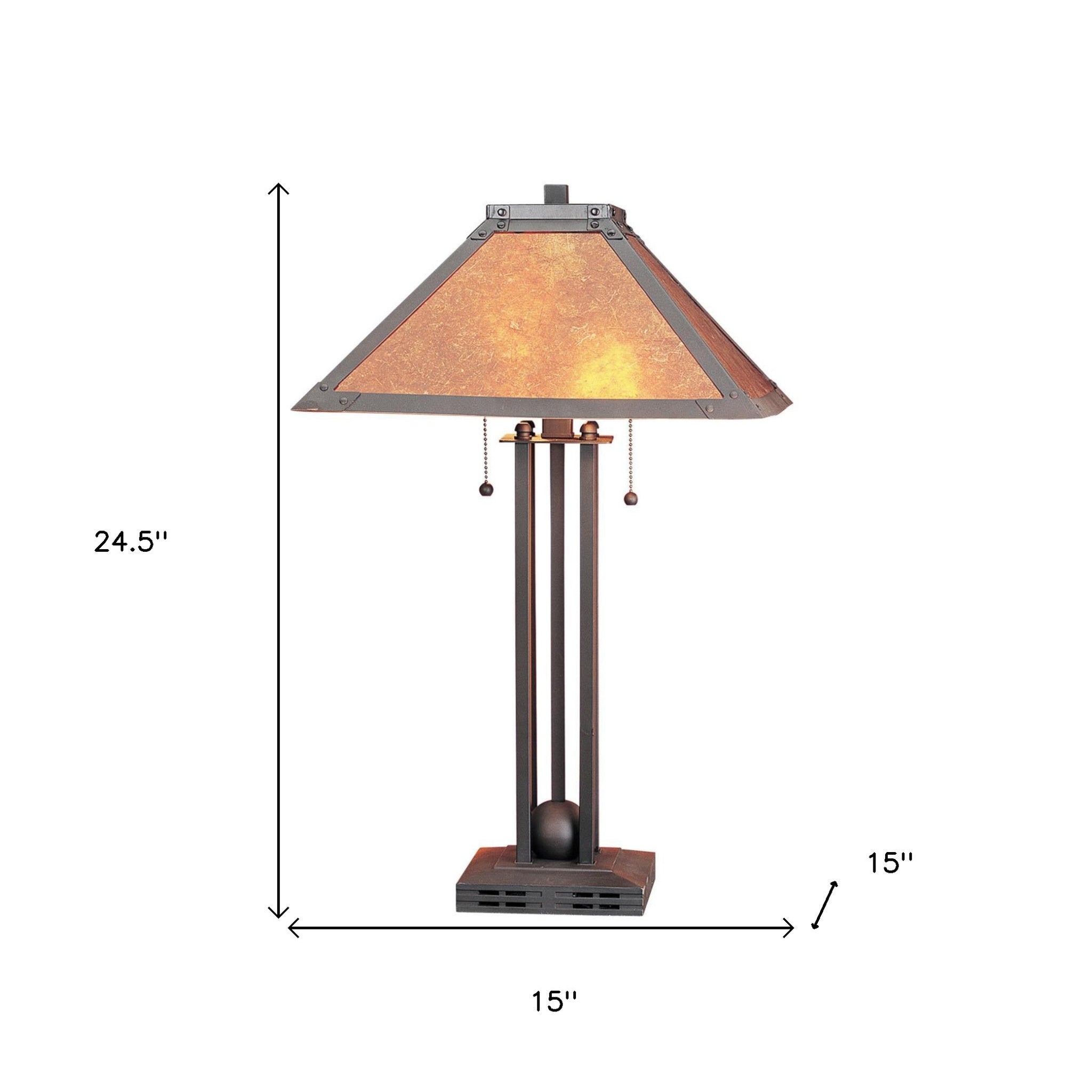 25" Rust Metal Two Light Table Lamp With Amber Square Shade - Minihomy