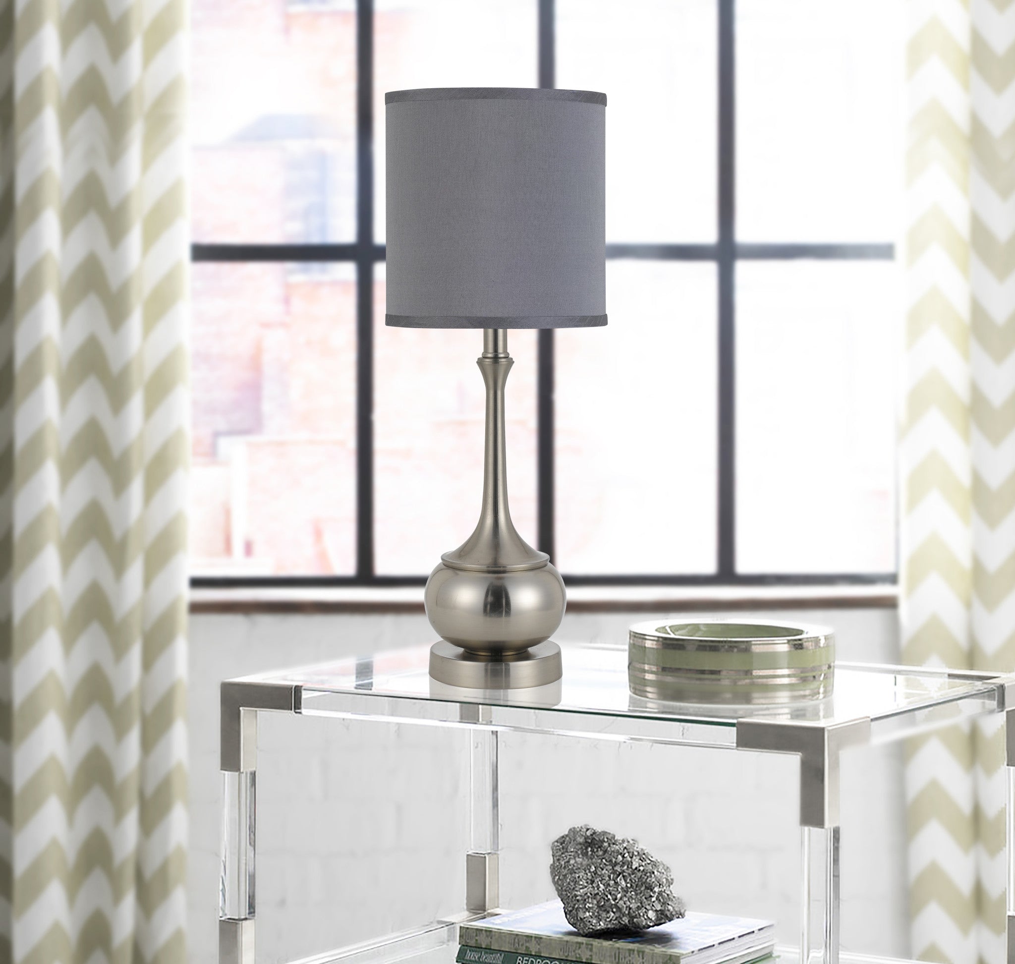 25" Nickel Metal Table Lamp With Taupe Cone Shade - Minihomy