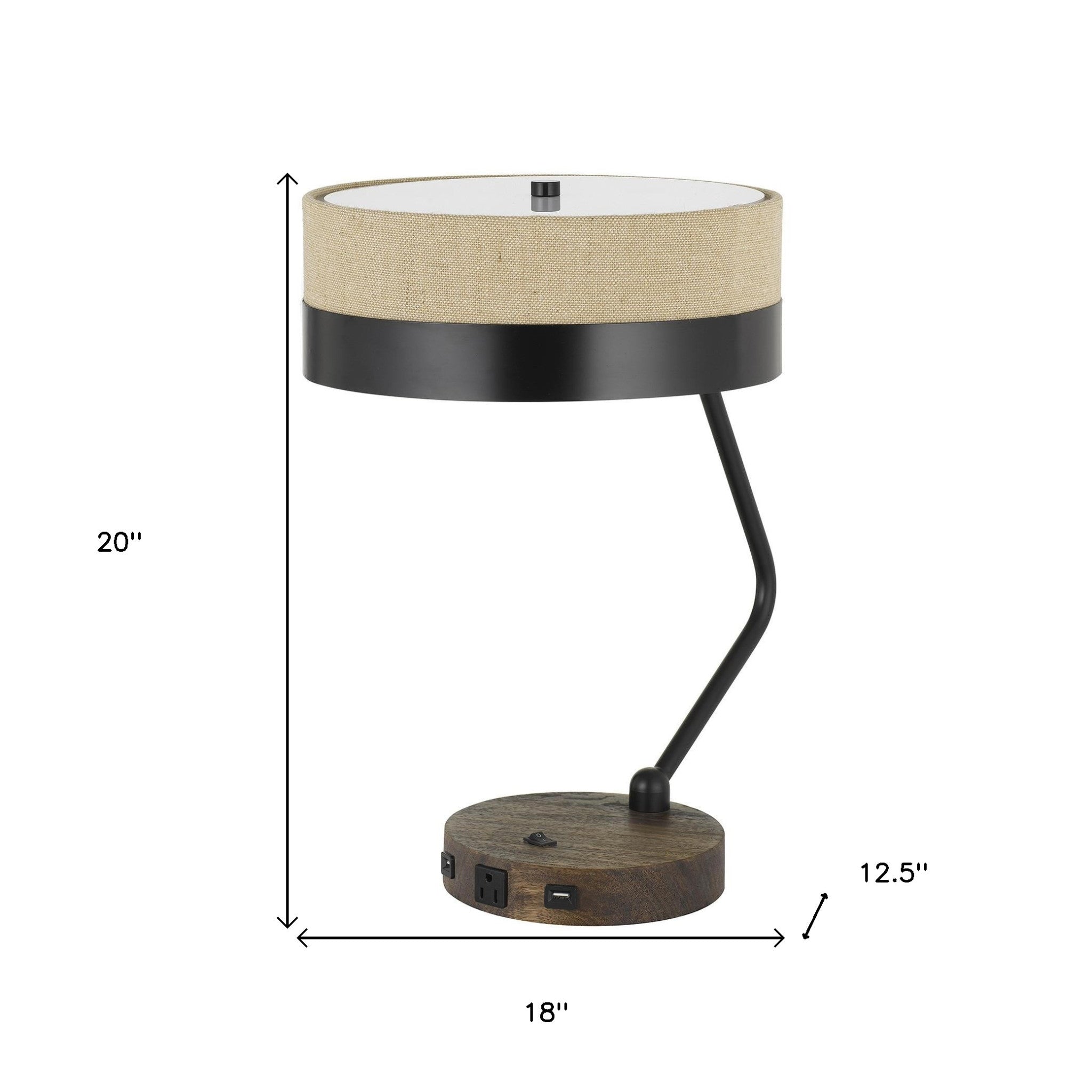 20" Black Metal Two Light Desk Usb Table Lamp With Beige Drum Shade - Minihomy