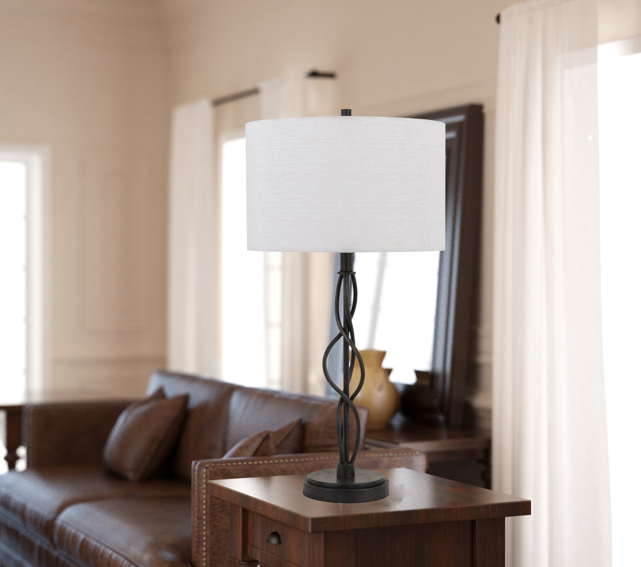 30" Bronze Metal Table Lamp With Off White Drum Shade - Minihomy