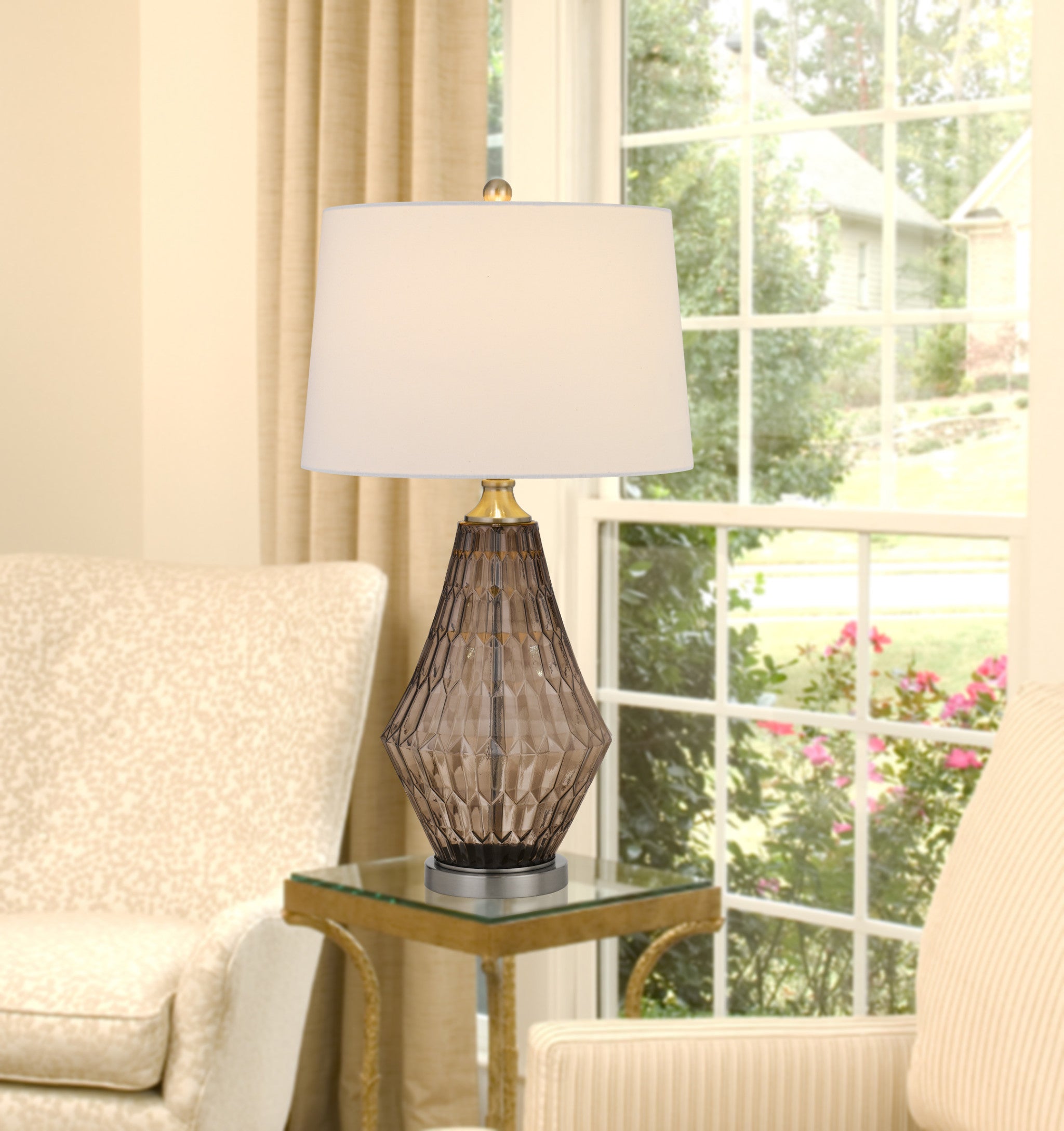 31" Gray Metal Table Lamp With Off White Empire Shade - Minihomy