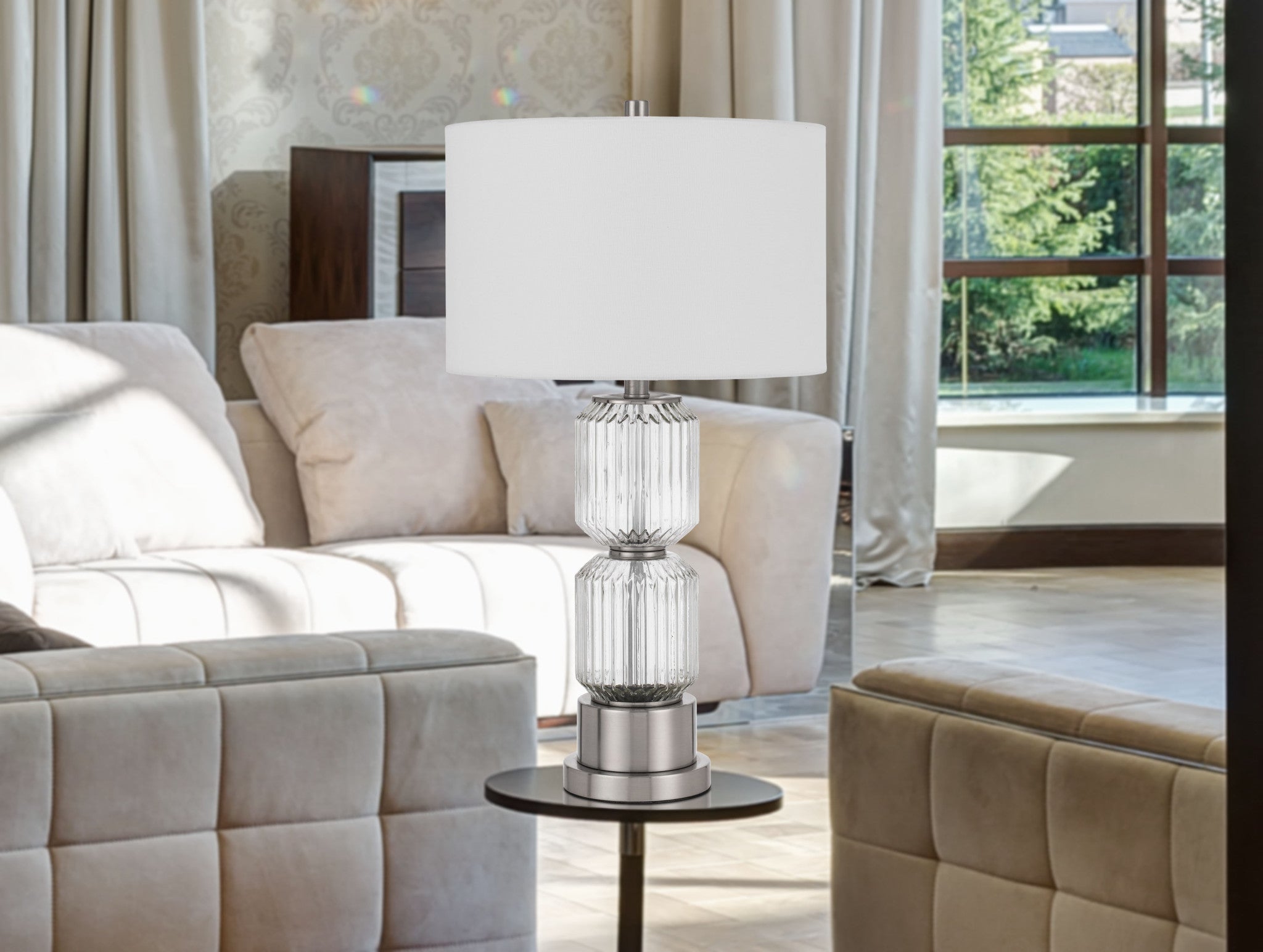 28" Nickel Metal Table Lamp With White Drum Shade - Minihomy