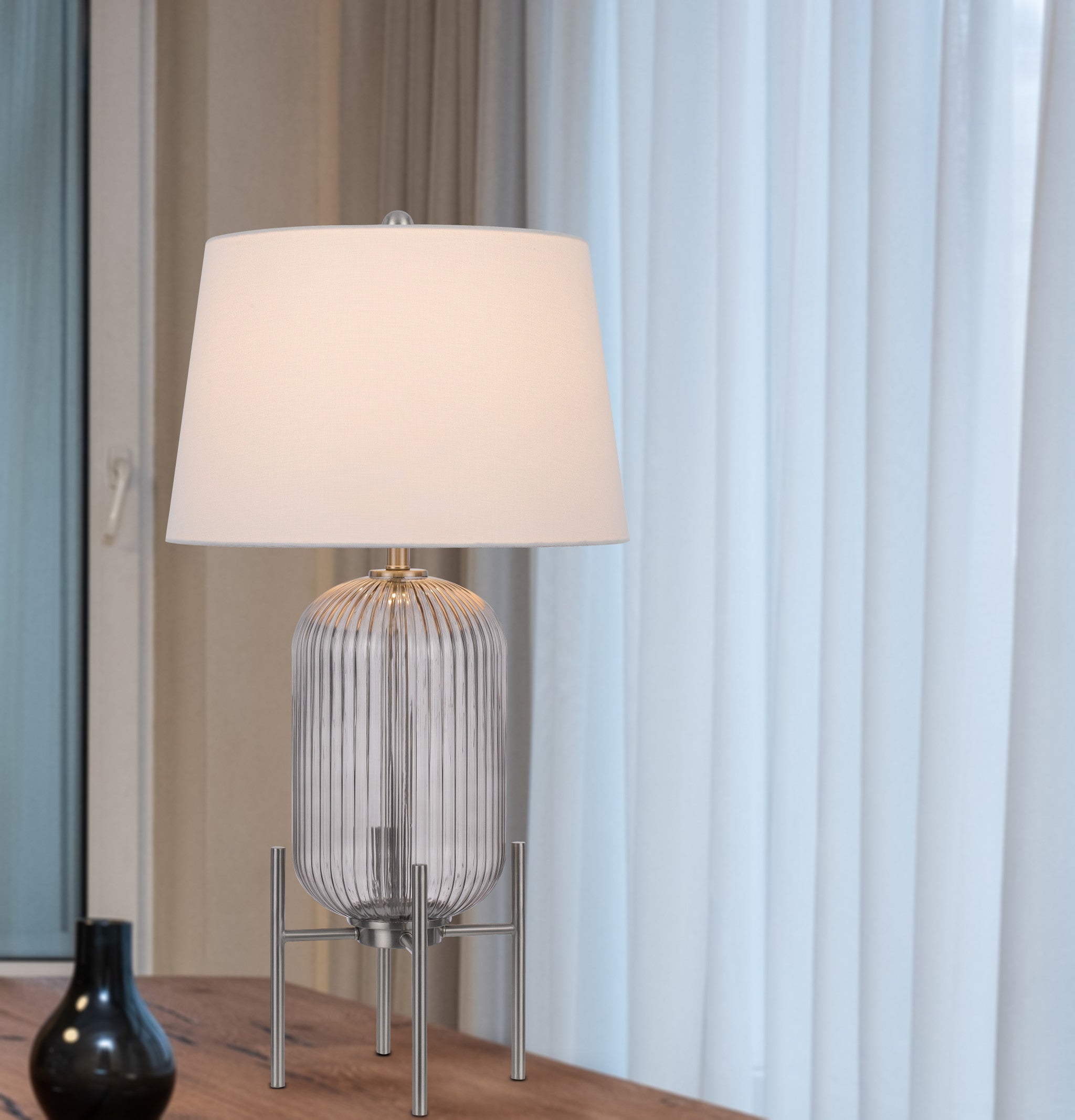 33" Nickel Glass Table Lamp With White Empire Shade - Minihomy