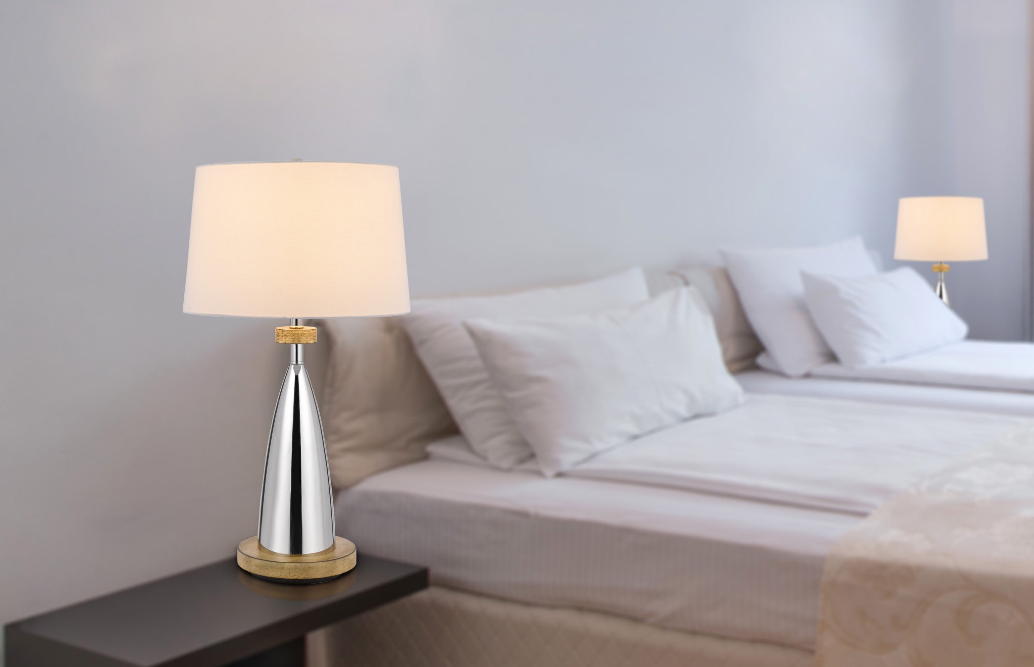 31" Silver Metallic Metal Usb Table Lamp With White Empire Shade - Minihomy