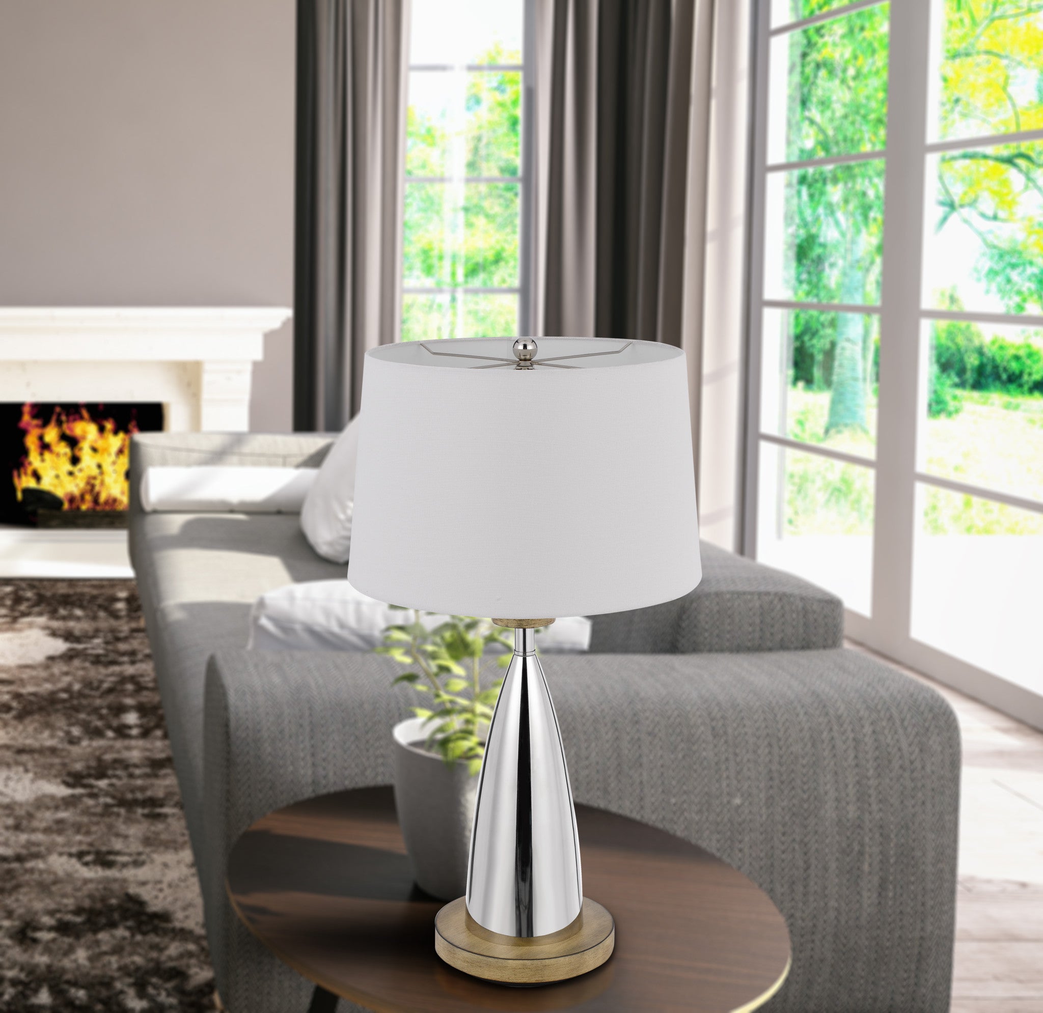 31" Silver Metallic Metal Usb Table Lamp With White Empire Shade - Minihomy