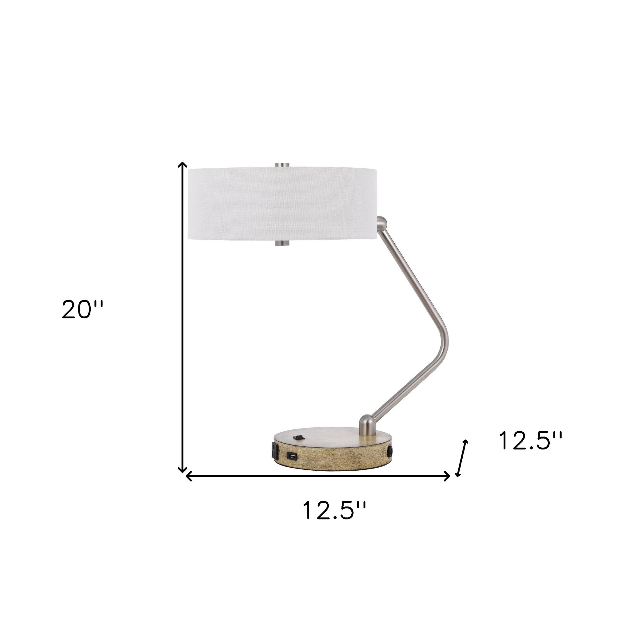 20" Nickel Metal Two Light Desk Usb Table Lamp With White Drum Shade - Minihomy