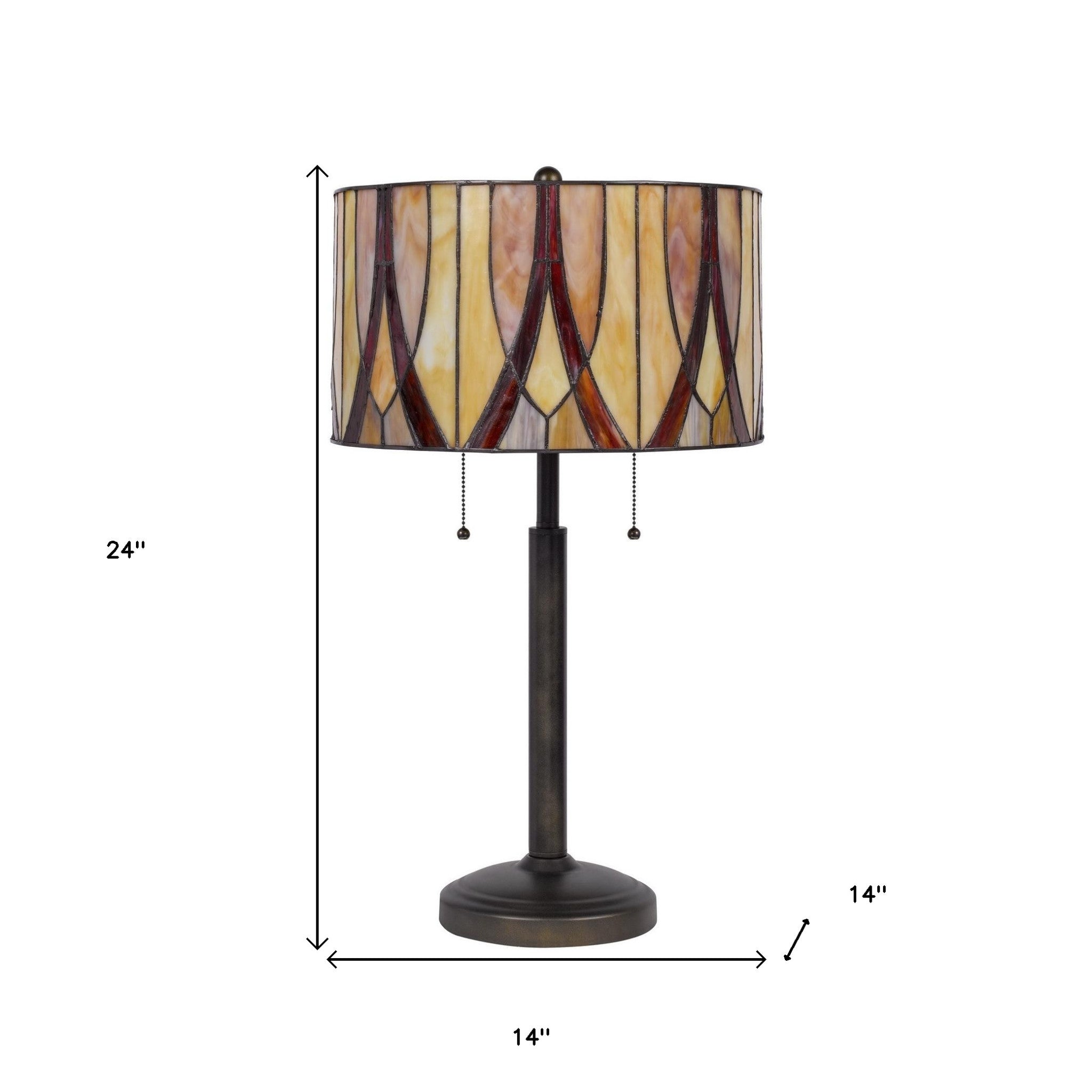 24" Bronze Metal Two Light Table Lamp With Red And Ivory Drum Shade - Minihomy