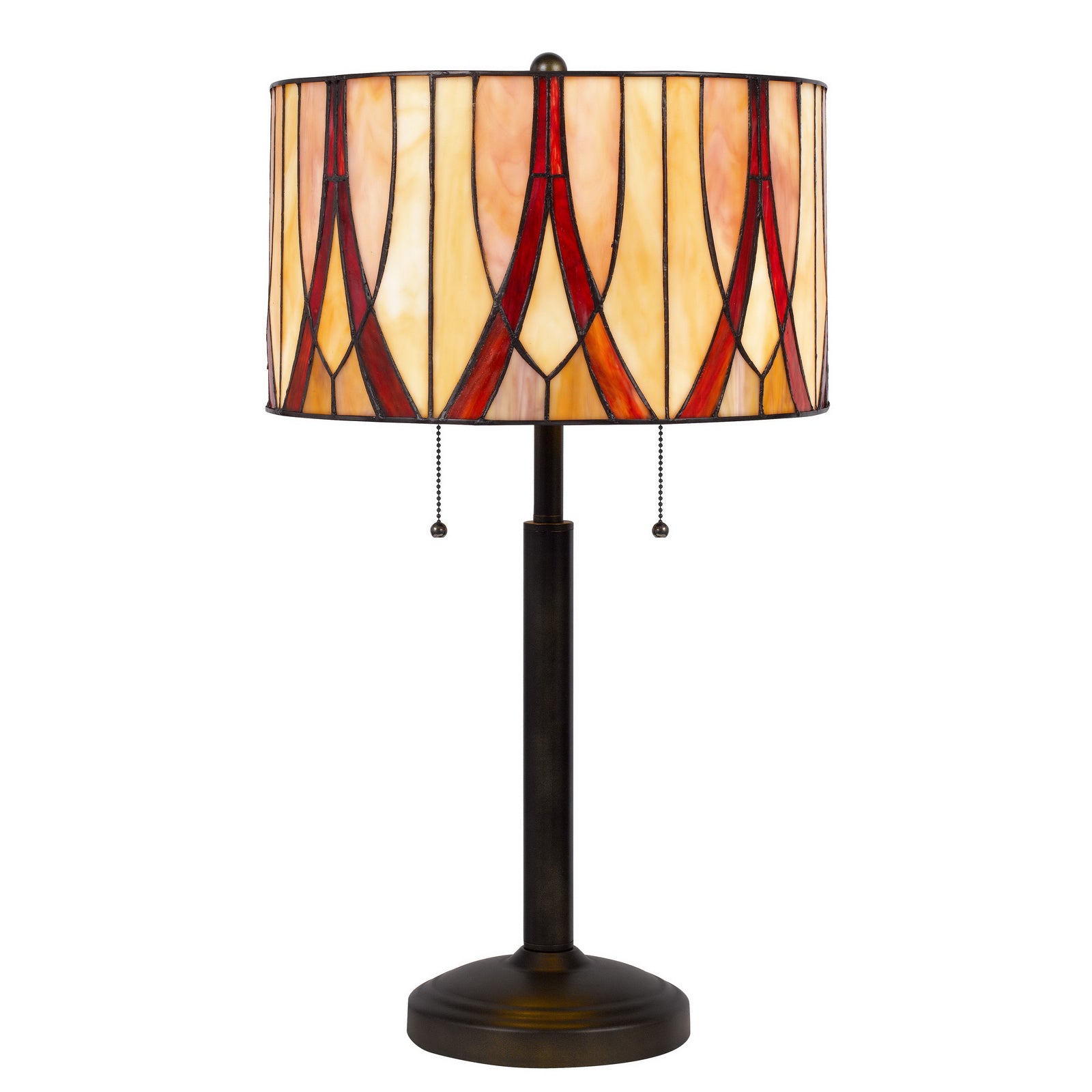 24" Bronze Metal Two Light Table Lamp With Red And Ivory Drum Shade - Minihomy