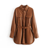 Lady Leather Sashes Mini Blazer Dresses Stitching Faux Leather Jacket