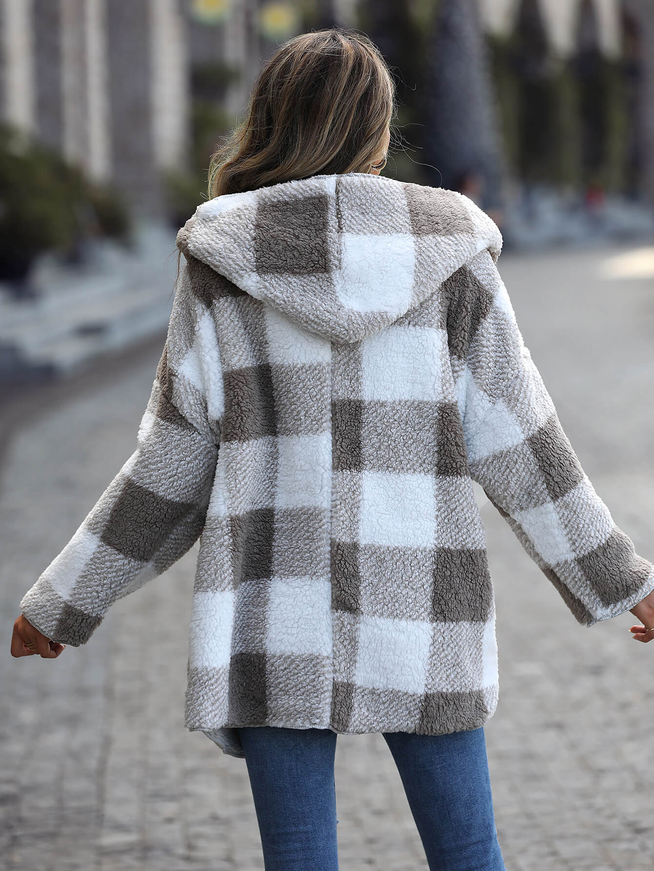 Plaid Open Front Dropped Shoulder Hooded Fleece Jacket