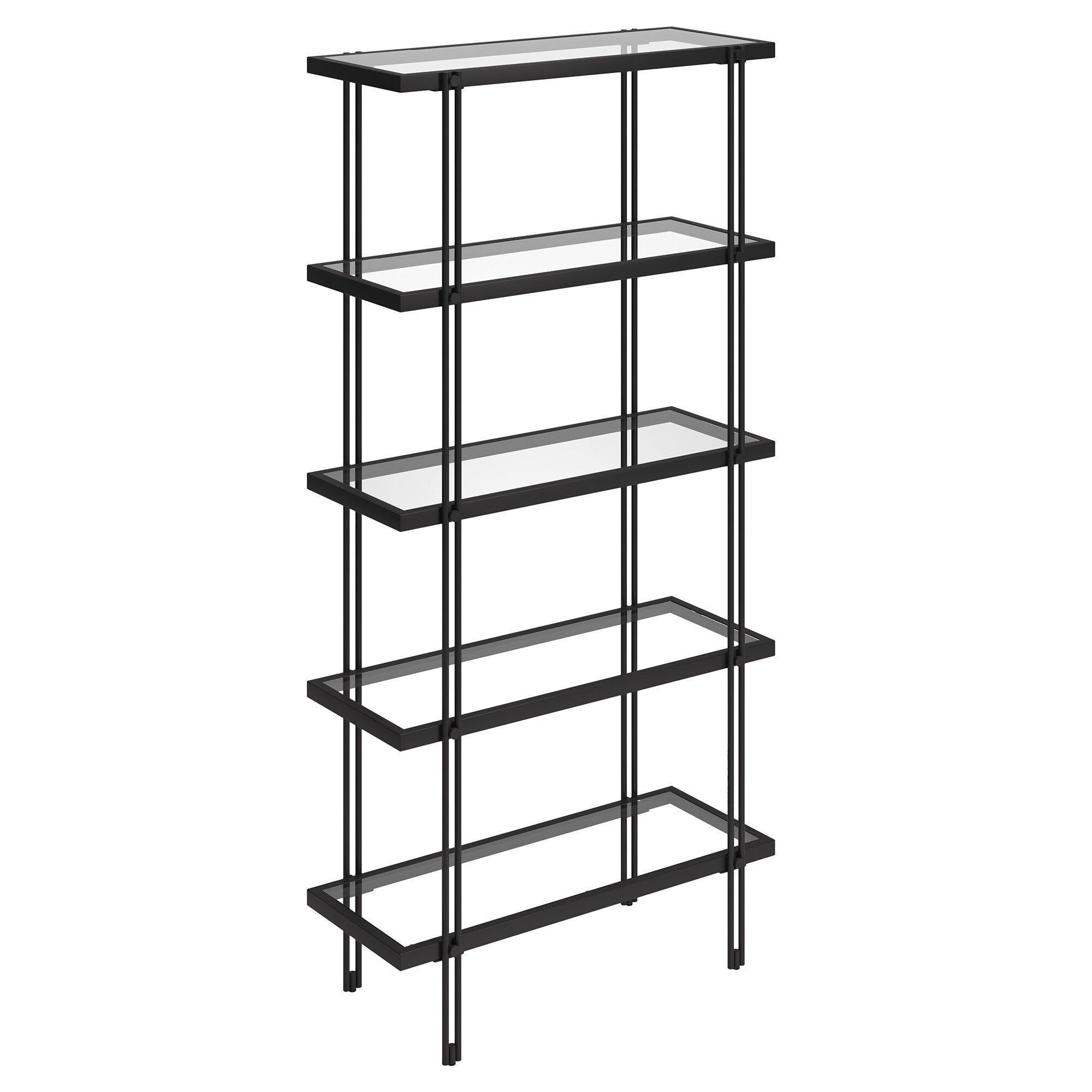 68" Black Metal And Glass Five Tier Standard Bookcase - Minihomy