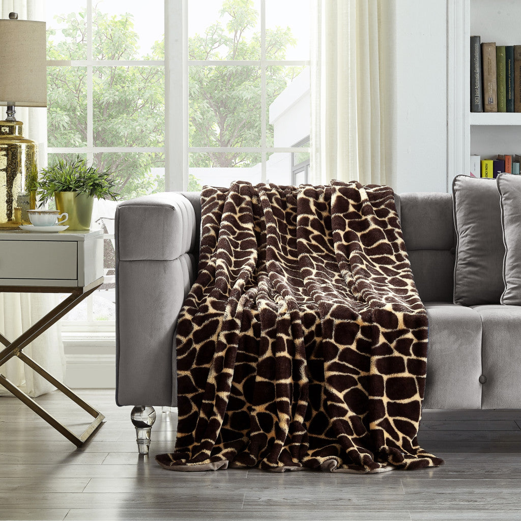 Beige and Ivory Knitted PolYester Animal Print Plush Throw Blanket - Minihomy