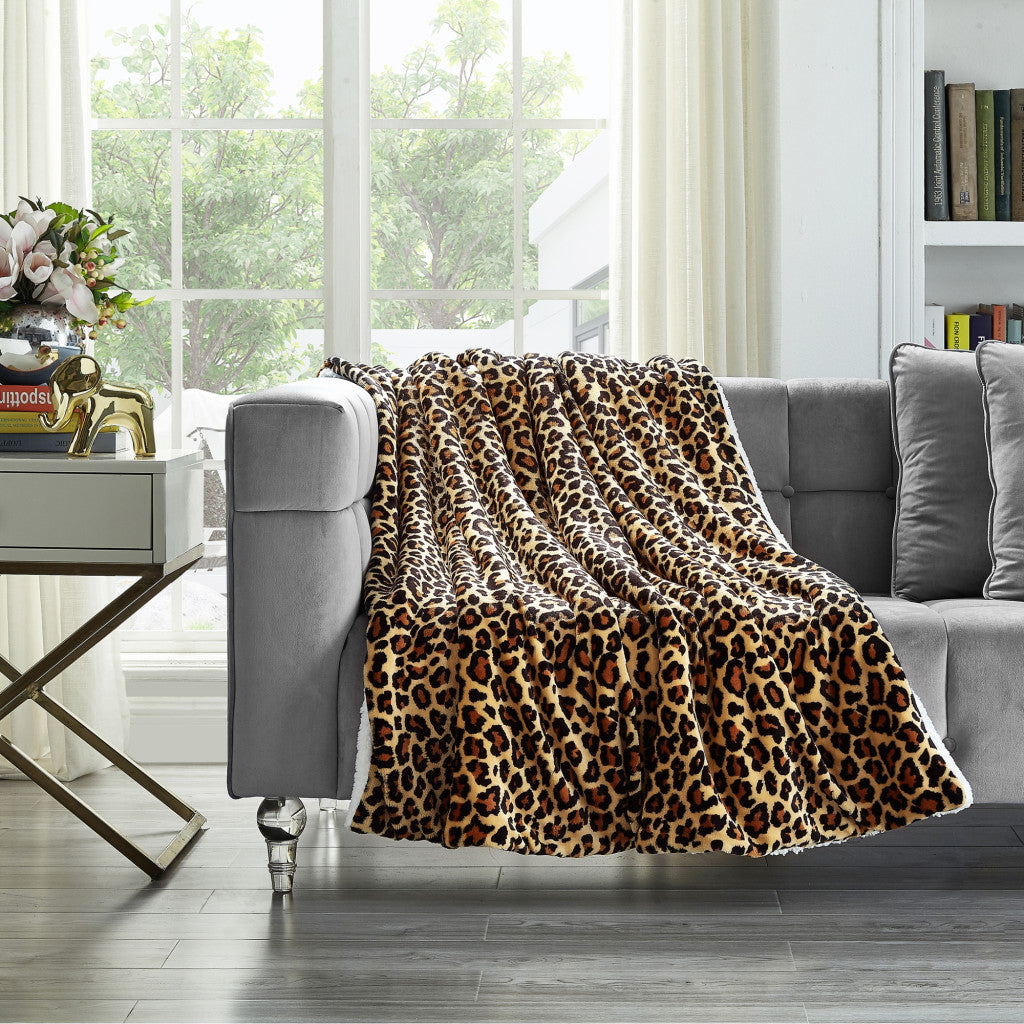 Beige and Ivory Knitted PolYester Animal Print Plush Throw Blanket - Minihomy