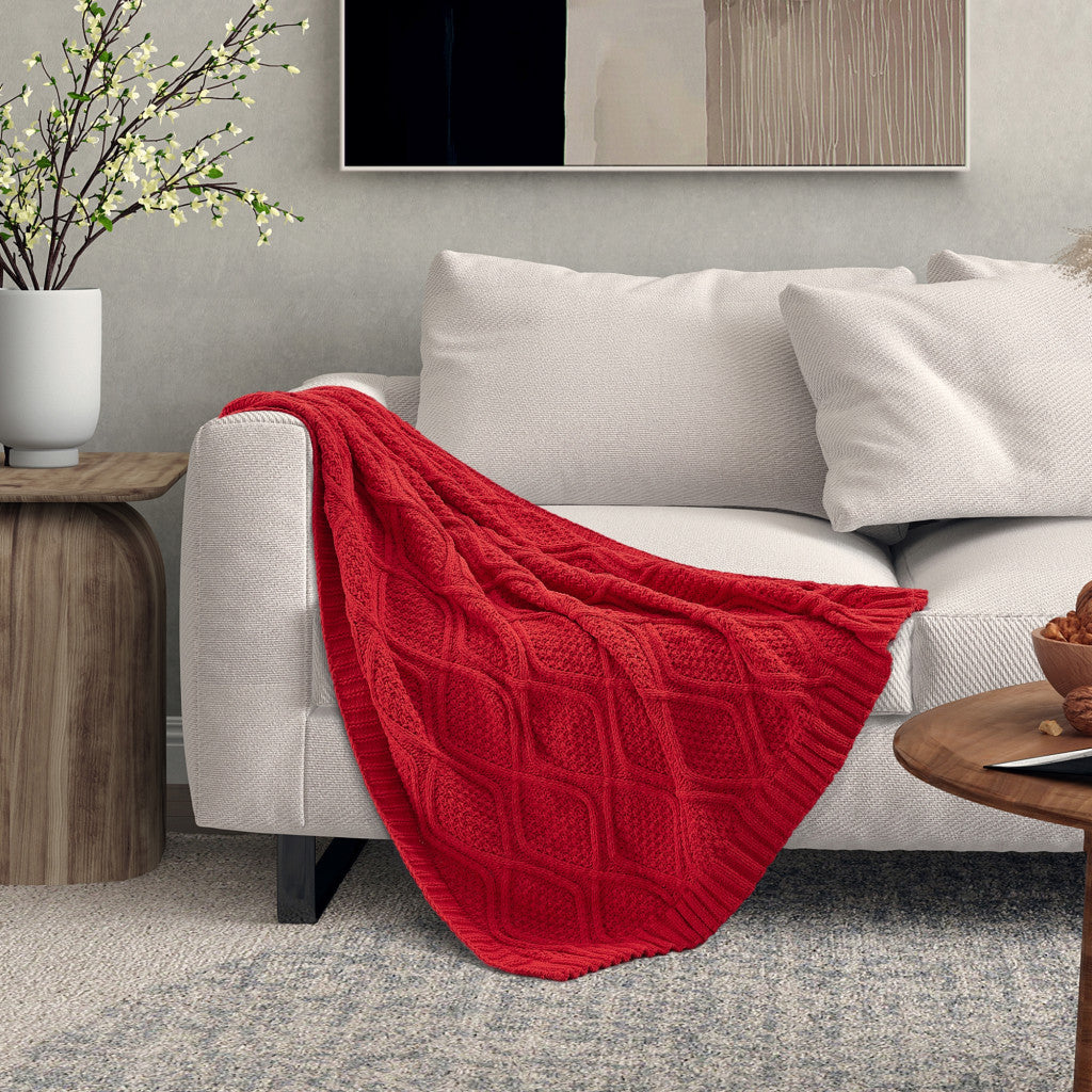 Red Knitted Polyester Solid Color Throw Blanket