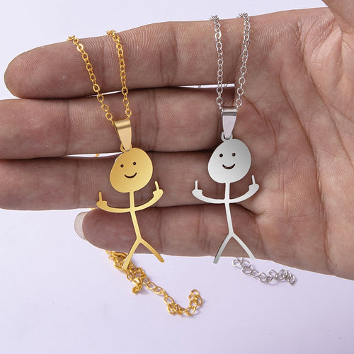 Funny Doodle Necklace Hip Hop Smiley Stick Figure Pendant Hand Gesture Middle Finger Necklaces