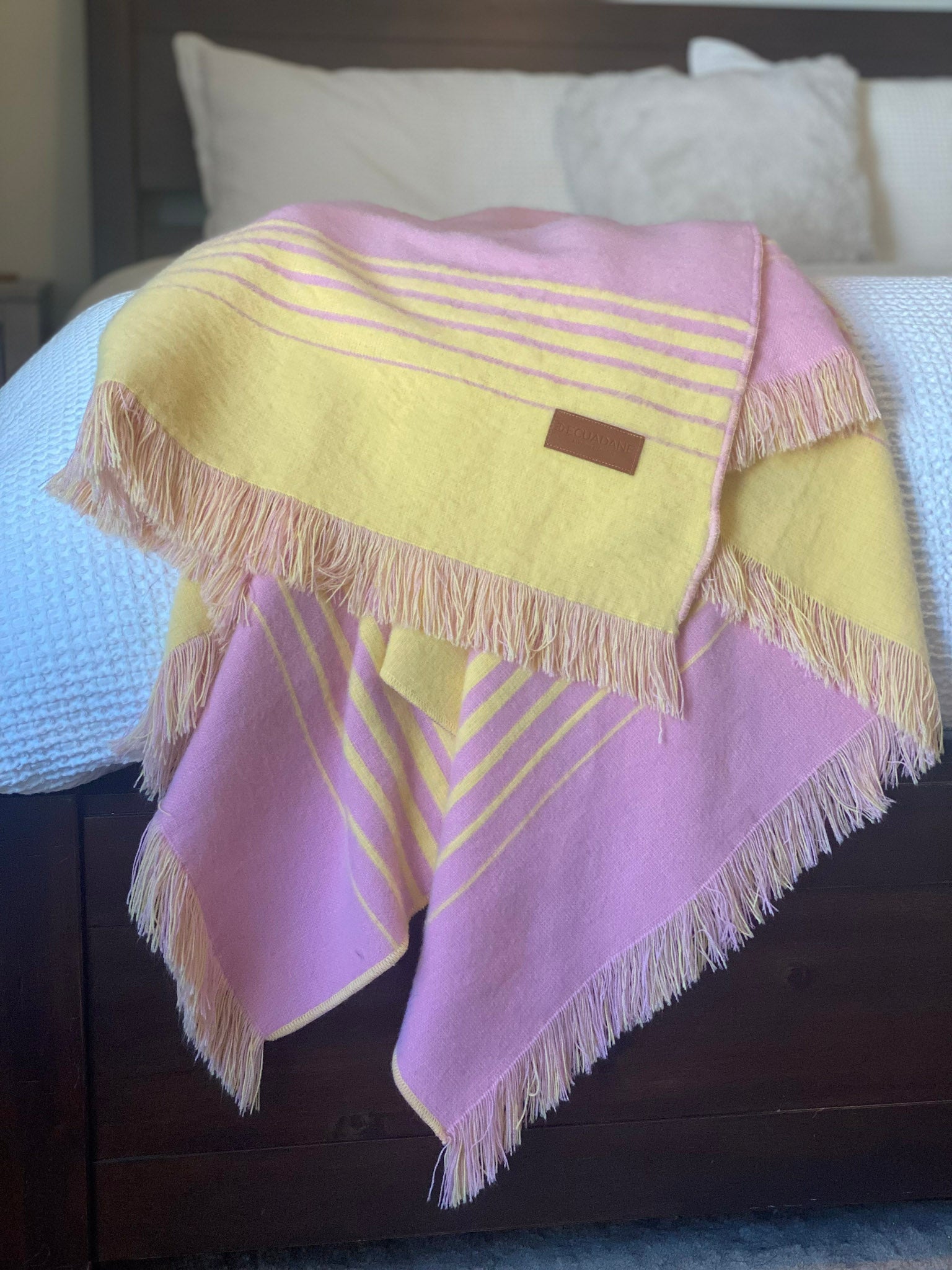 Pink and Yellow Woven Acrylic Striped Throw Blanket With Fringe - Minihomy