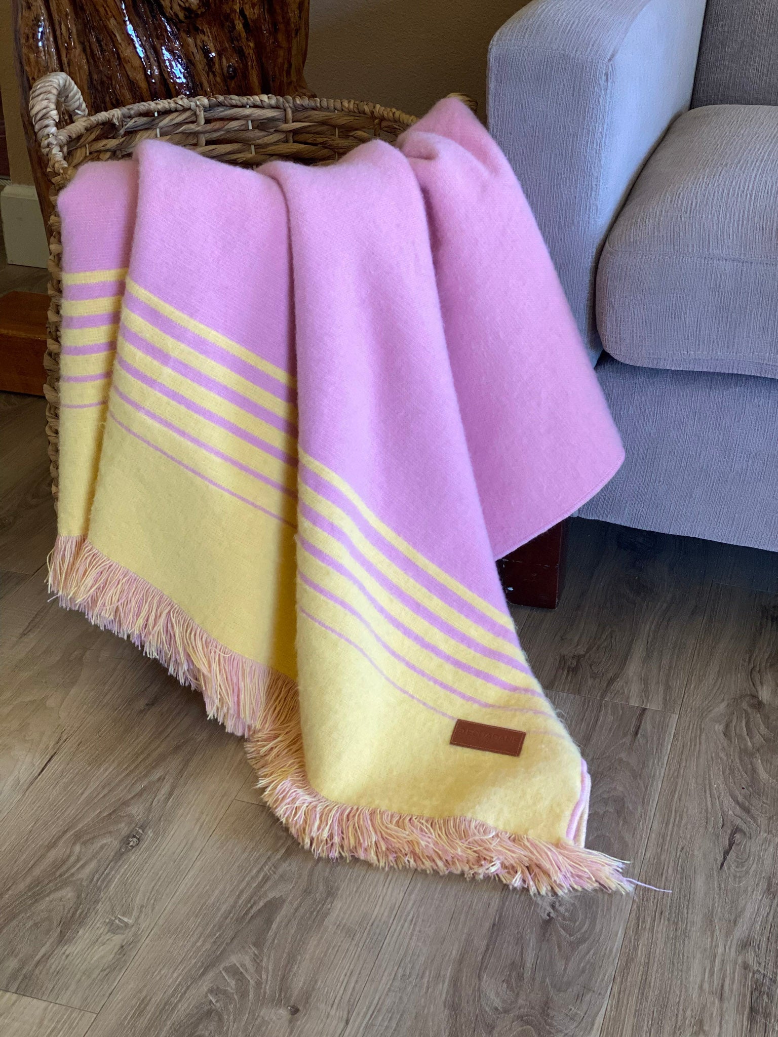 Pink and Yellow Woven Acrylic Striped Throw Blanket With Fringe - Minihomy