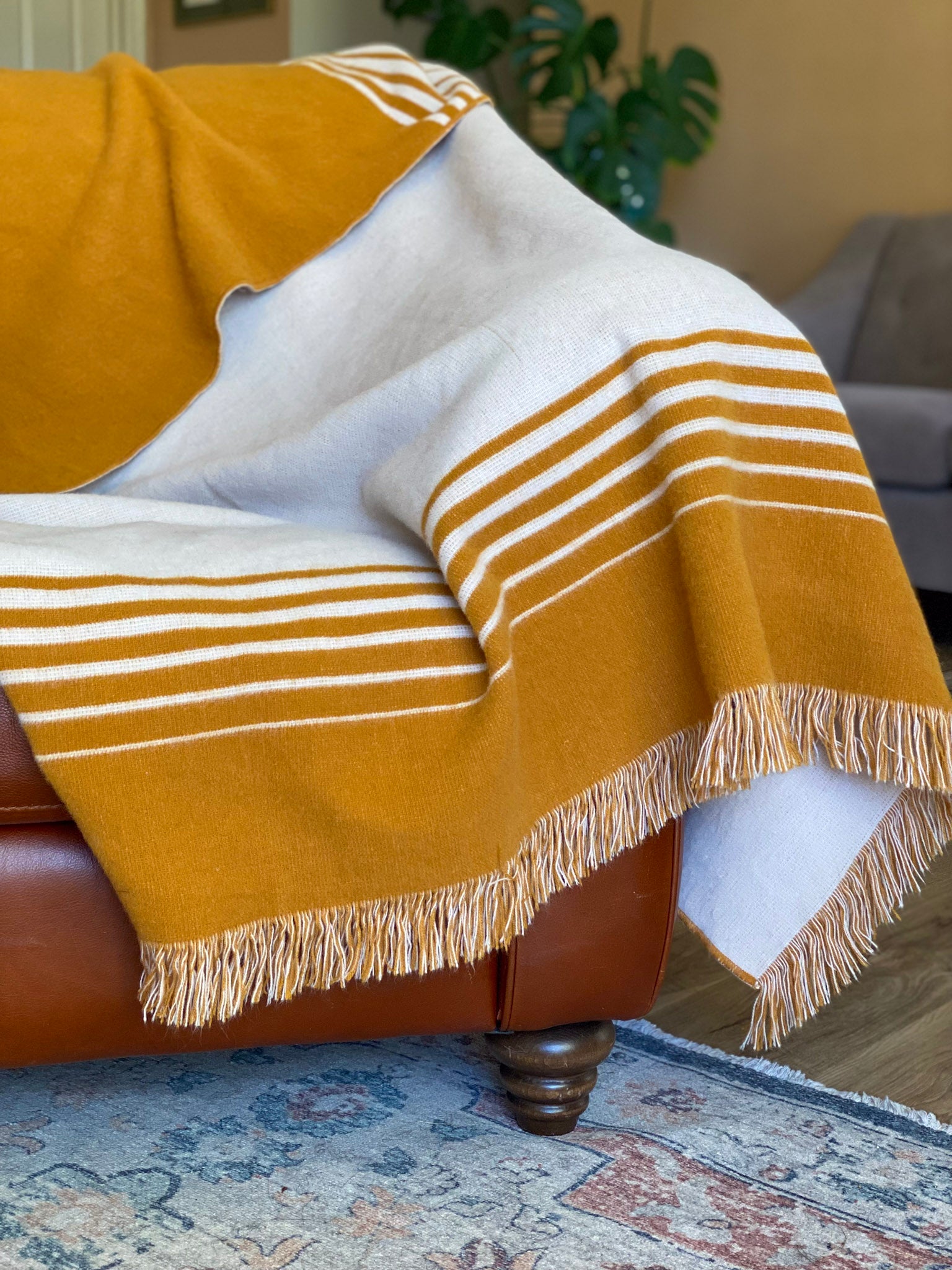 Gold and Ivory Woven Microfiber Striped Throw Blanket with Fringe - Minihomy