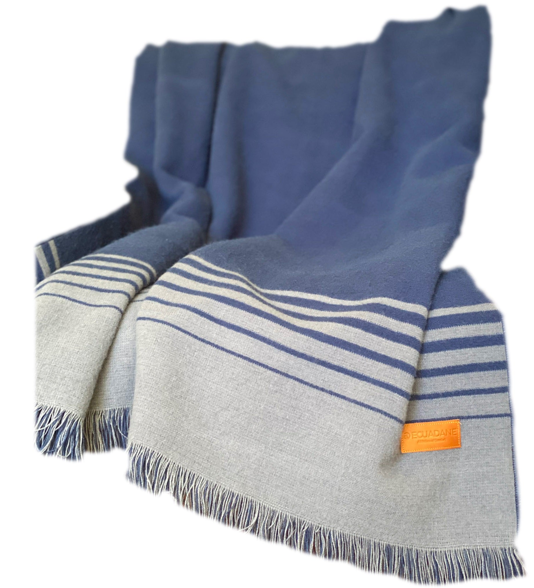 Blue and Gray Woven Microfiber Striped Throw Blanket with Fringe - Minihomy