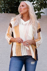 Color Block Openwork Hooded Sweater