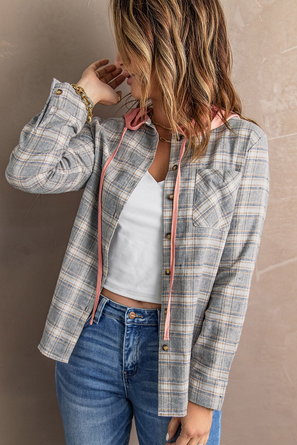 Plaid Drawstring Hooded Shirt Jacket