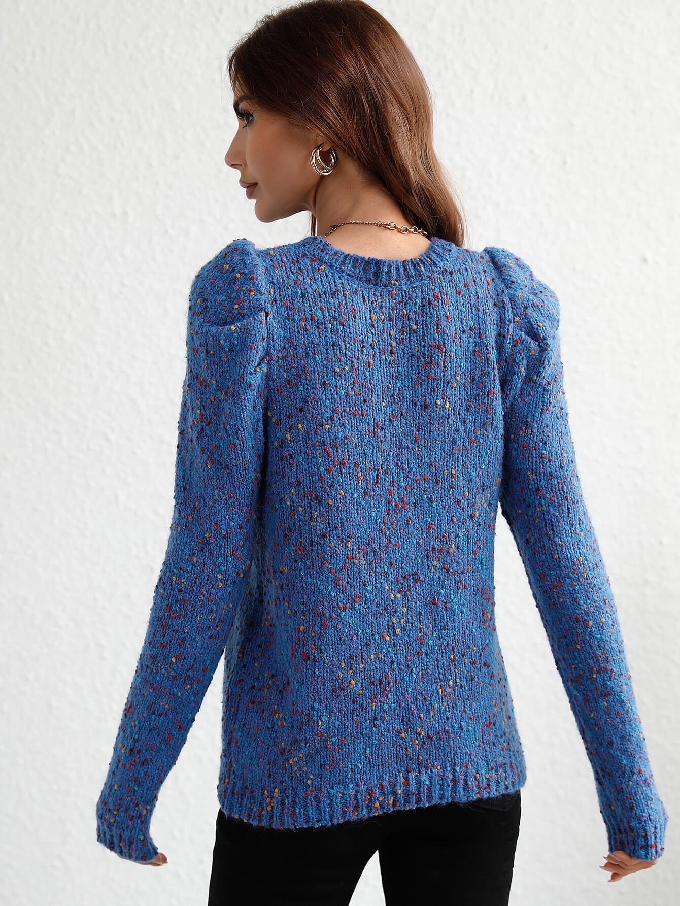 Multicolored Puff Sleeve Ribbed Trim Sweater - Minihomy