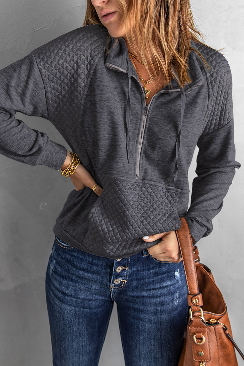 Quilted Half-Zip Sweatshirt with Pocket - Minihomy