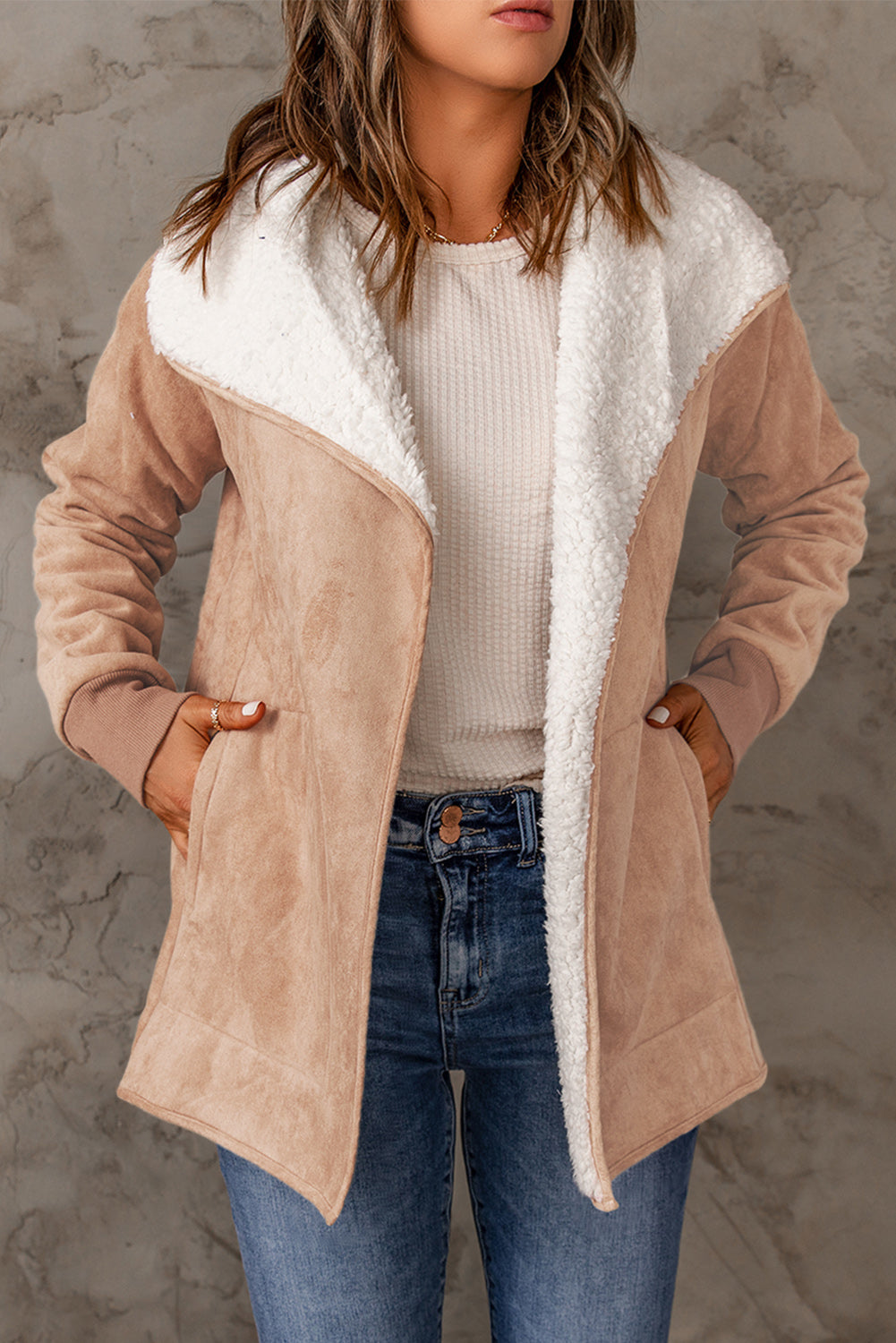 Faux Suede Sherpa Lining Jacket with Pockets