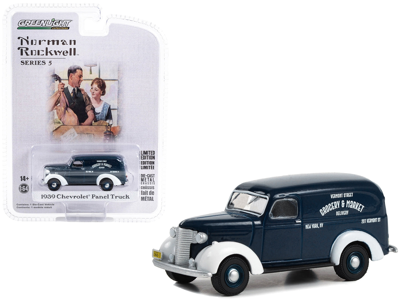 1939 Chevrolet Panel Truck Dark Blue with White Fenders "Grocery & Market Delivery" "Norman Rockwell" Series 5 1/64 Diecast Model Car by Greenlight - Minihomy