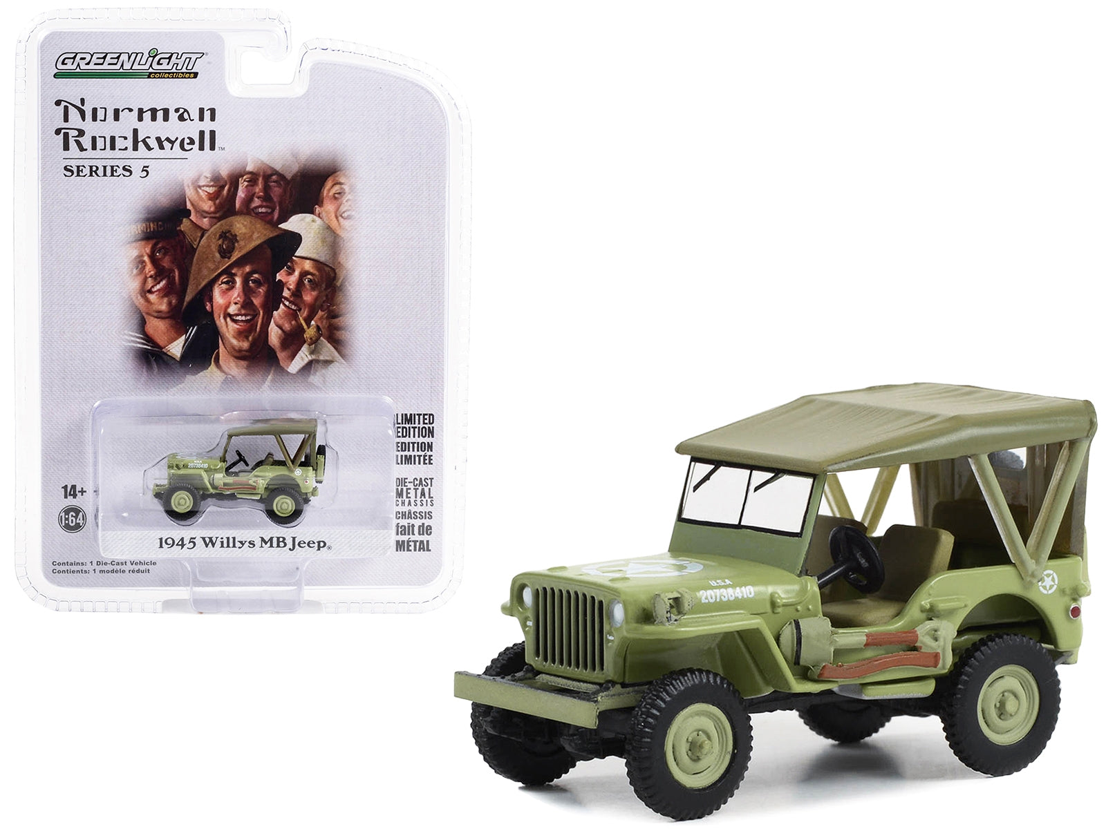 1945 Willys MB Jeep Light Green "U.S. Army" "Norman Rockwell" Series 5 1/64 Diecast Model Car by Greenlight - Minihomy