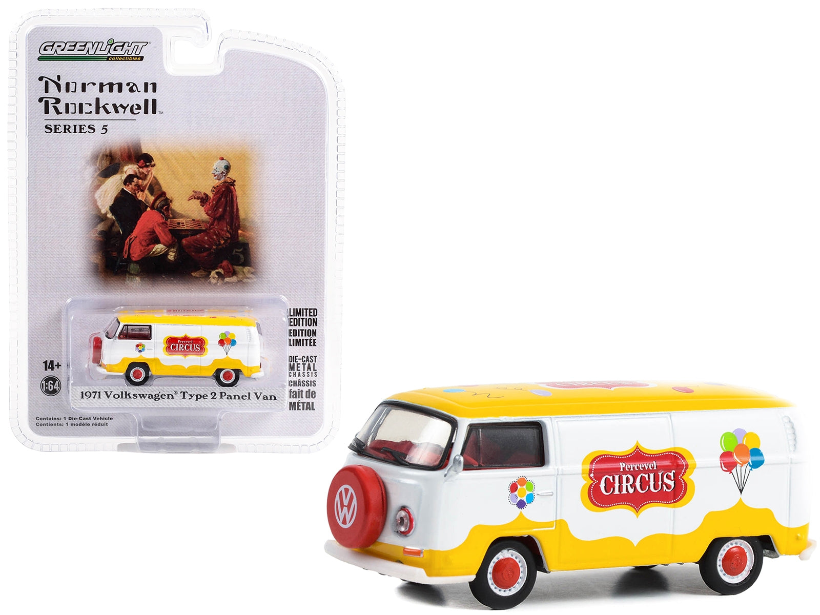 1971 Volkswagen Type 2 Panel Van Yellow and White with Red Interior "Percevel Circus" "Norman Rockwell" Series 5 1/64 Diecast Model Car by Greenlight - Minihomy