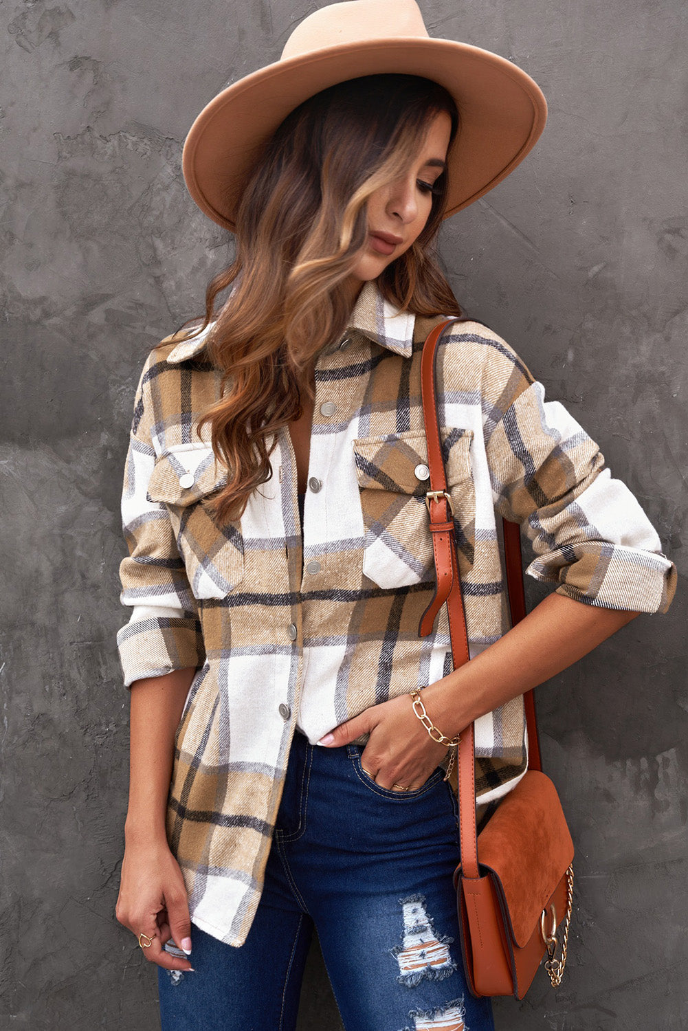 Plaid Curved Hem Dropped Shoulder Shirt Jacket